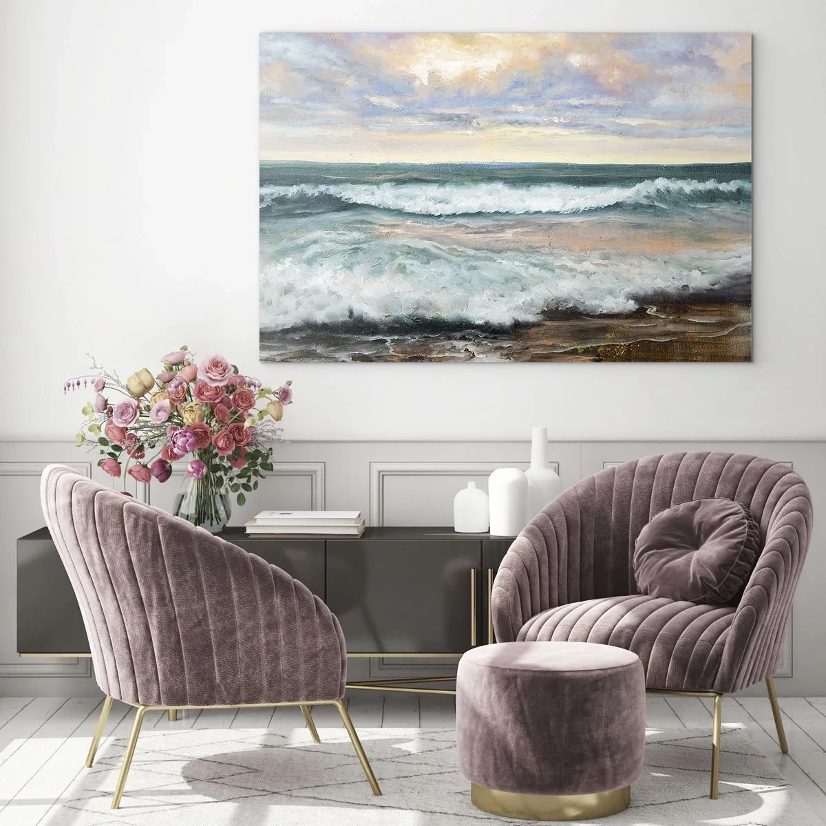 Glass picture - A painting depicting waves crashing against the shore - 70x50cm - Here You Will Smooth Your Soul - Modern wall decoration for the living room and bedroom ARTTOR