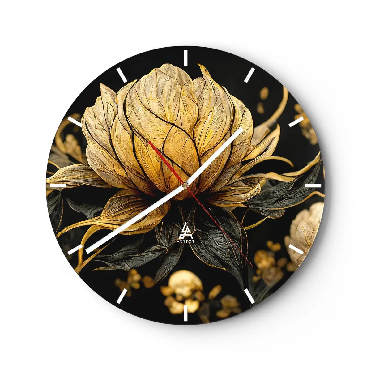 Wall clock - Clock on glass - Gold and black flower on a dark background - 30x30cm - Subtle Fragility - Modern wall decoration for the living room, kitchen, and bedroom ARTTOR