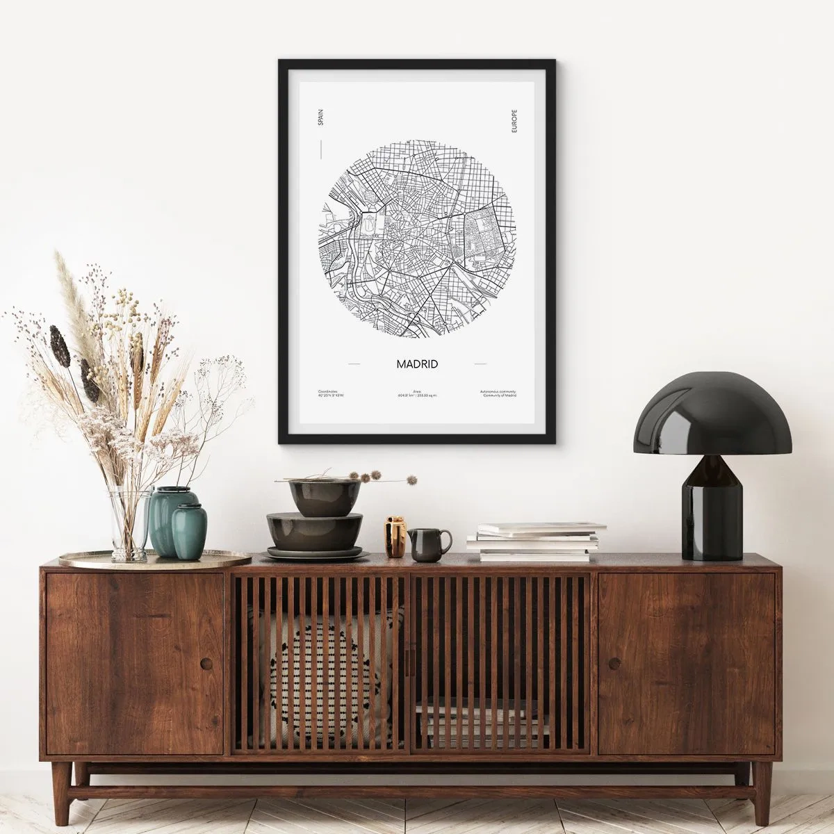 Poster in black frame - A minimalist map of Madrid in black and white. - 50x70cm - Anatomy of Madrid - Modern wall decoration for the living room and bedroom ARTTOR
