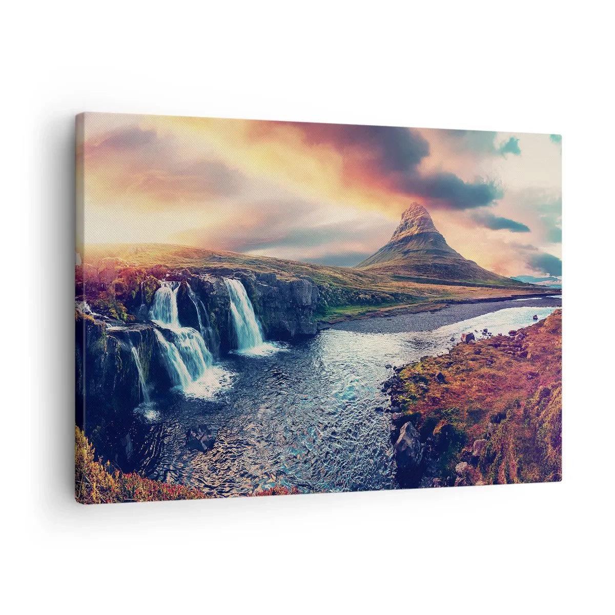Canvas picture - View of the waterfall and mountain in the light of the setting sun - 70x50cm - In Majesty of Nature - Modern wall decoration for the living room and bedroom ARTTOR
