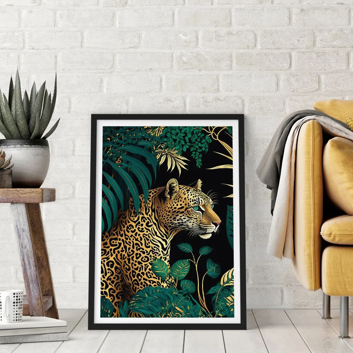 Poster in black frame - Golden leopard in the tropical jungle - 50x70cm - Host in the Jungle - Modern wall decoration for the living room and bedroom ARTTOR