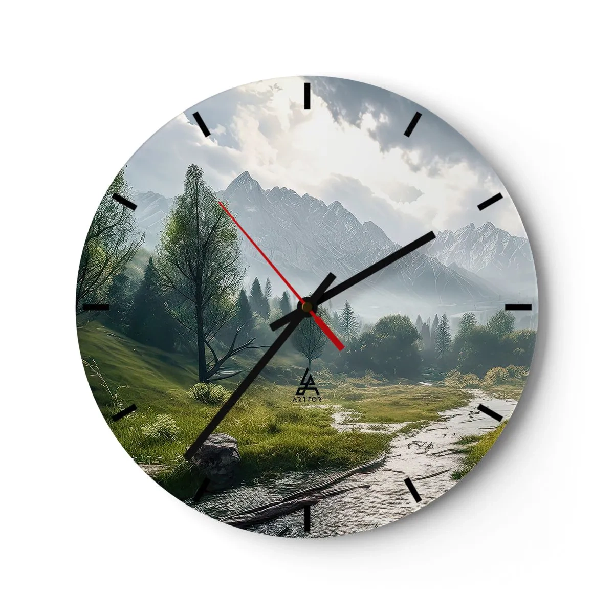 Wall clock - Clock on glass - Mountain landscape with a river and trees in the morning - 30x30cm - There And Back - Modern wall decoration for the living room, kitchen, and bedroom ARTTOR