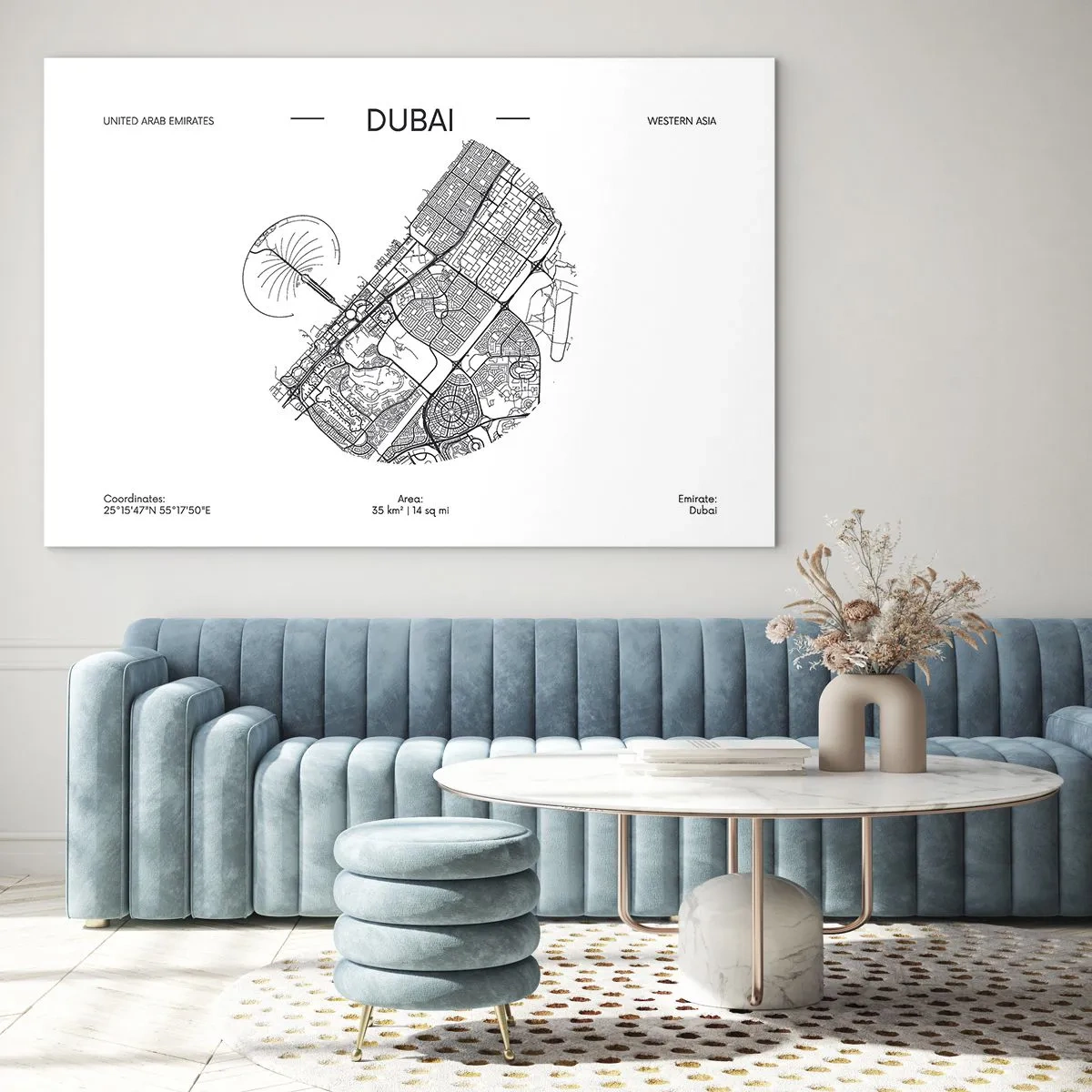 Glass picture - A minimalist map of Dubai in black and white style. - 70x50cm - Anatomy of Dubai - Modern wall decoration for the living room and bedroom ARTTOR