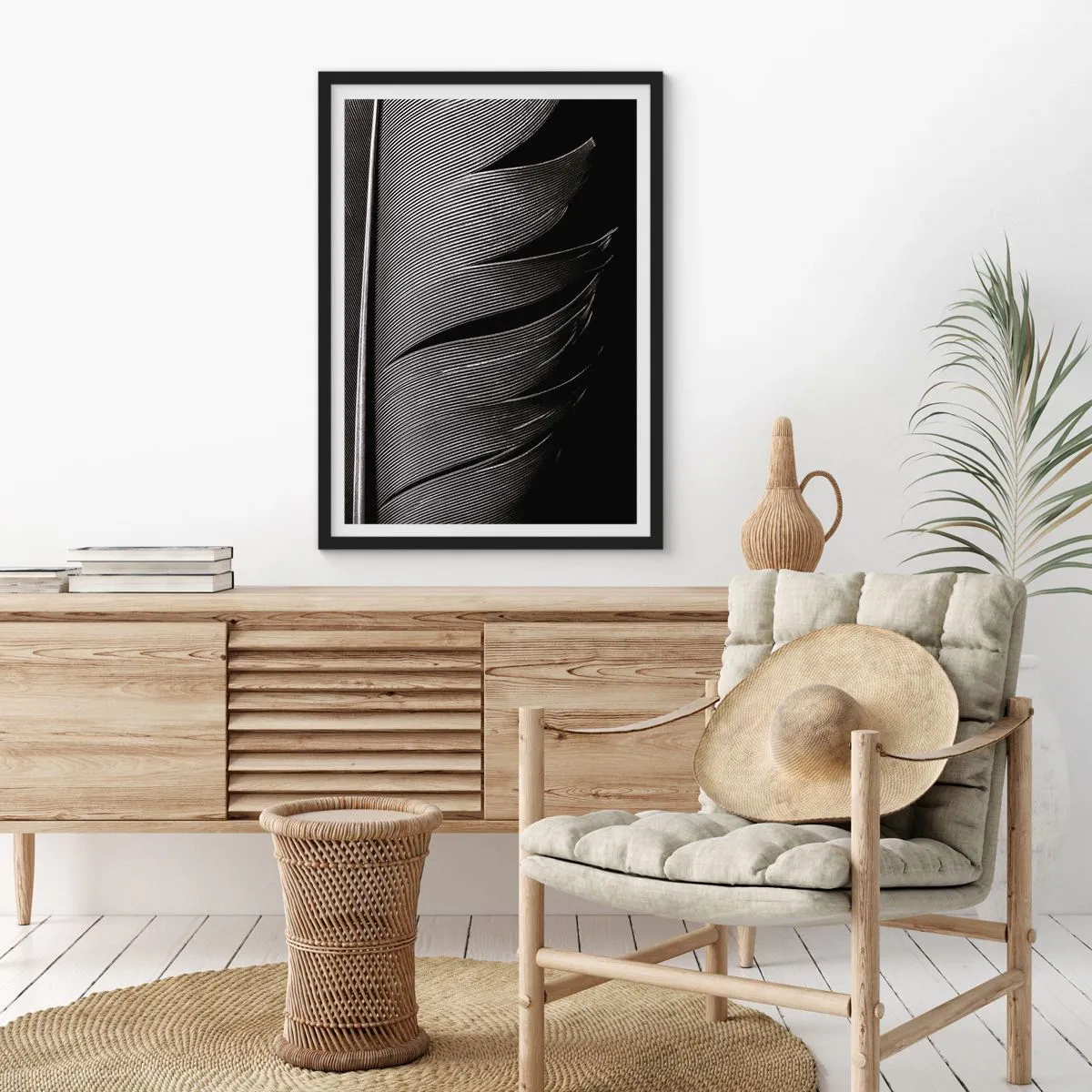 Poster in black frame - A minimalistic take on a feather in black and white - 50x70cm - Feather - Wonderful Constract - Modern wall decoration for the living room and bedroom ARTTOR