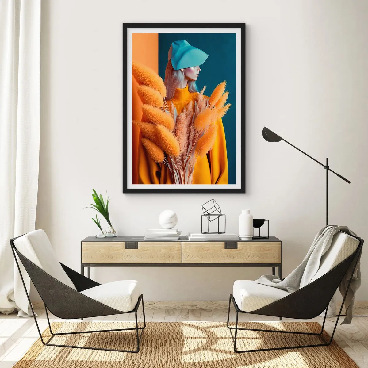 Poster in black frame - A modern portrait of a woman in warm colors - 50x70cm - Fluffy Portrait - Modern wall decoration for the living room and bedroom ARTTOR