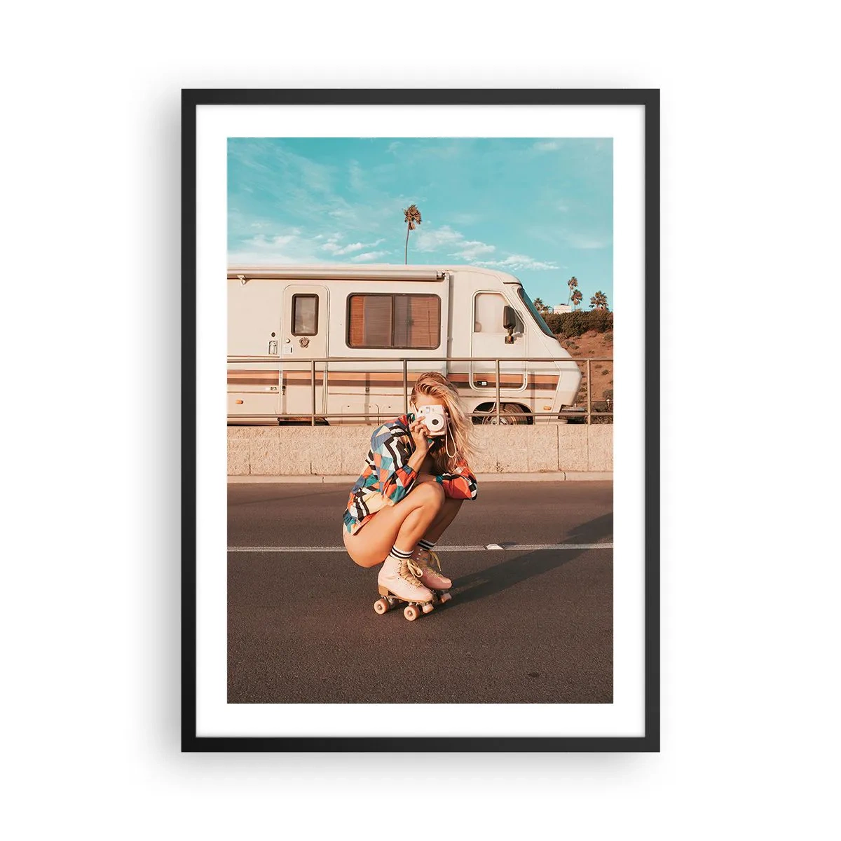 Poster in black frame - A girl on roller skates with a camera in front of a camper van - 50x70cm - Smile, Please! - Modern wall decoration for the living room and bedroom ARTTOR