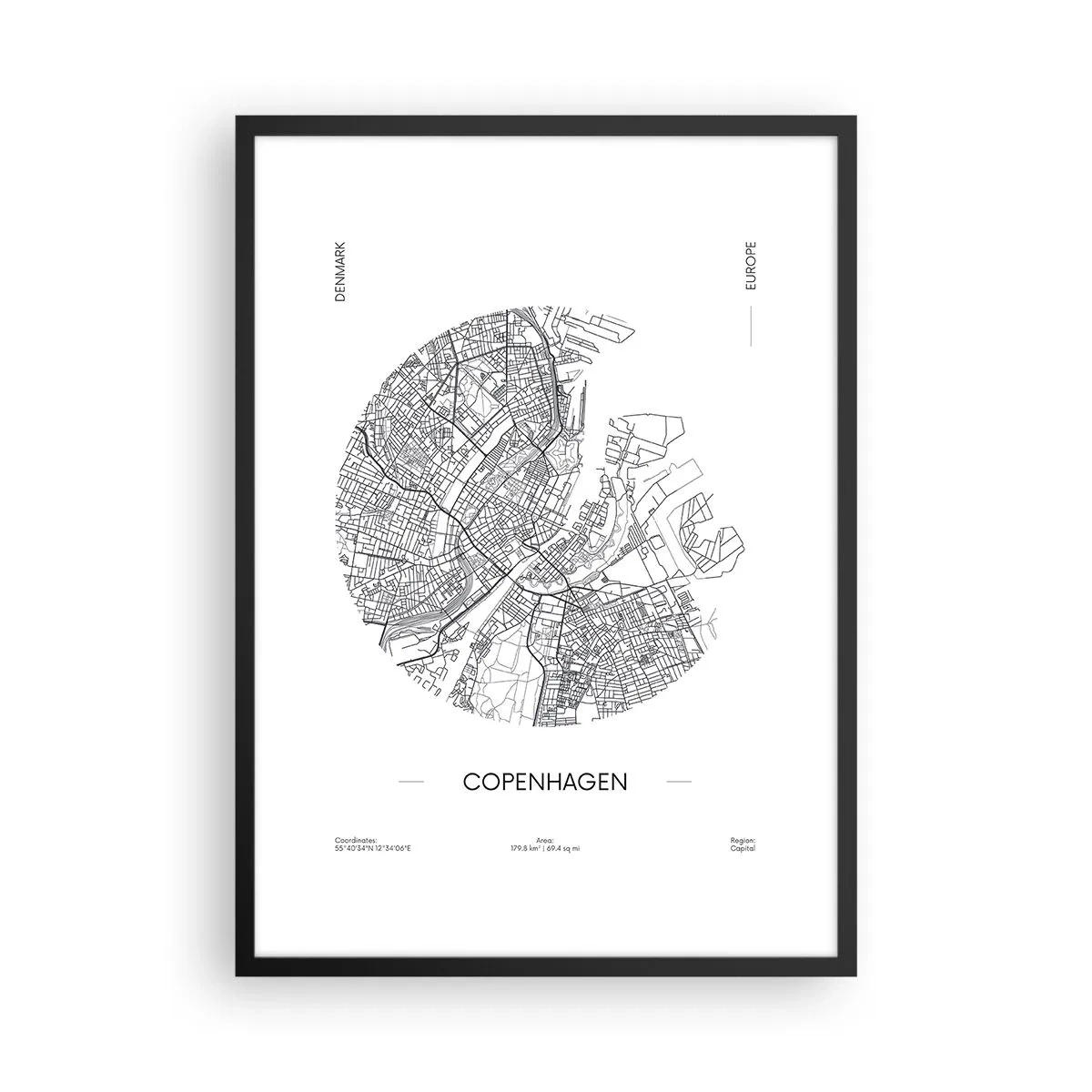 Poster in black frame - A minimalist map of Copenhagen in black and white. - 50x70cm - Anatomy of Copenhagen - Modern wall decoration for the living room and bedroom ARTTOR