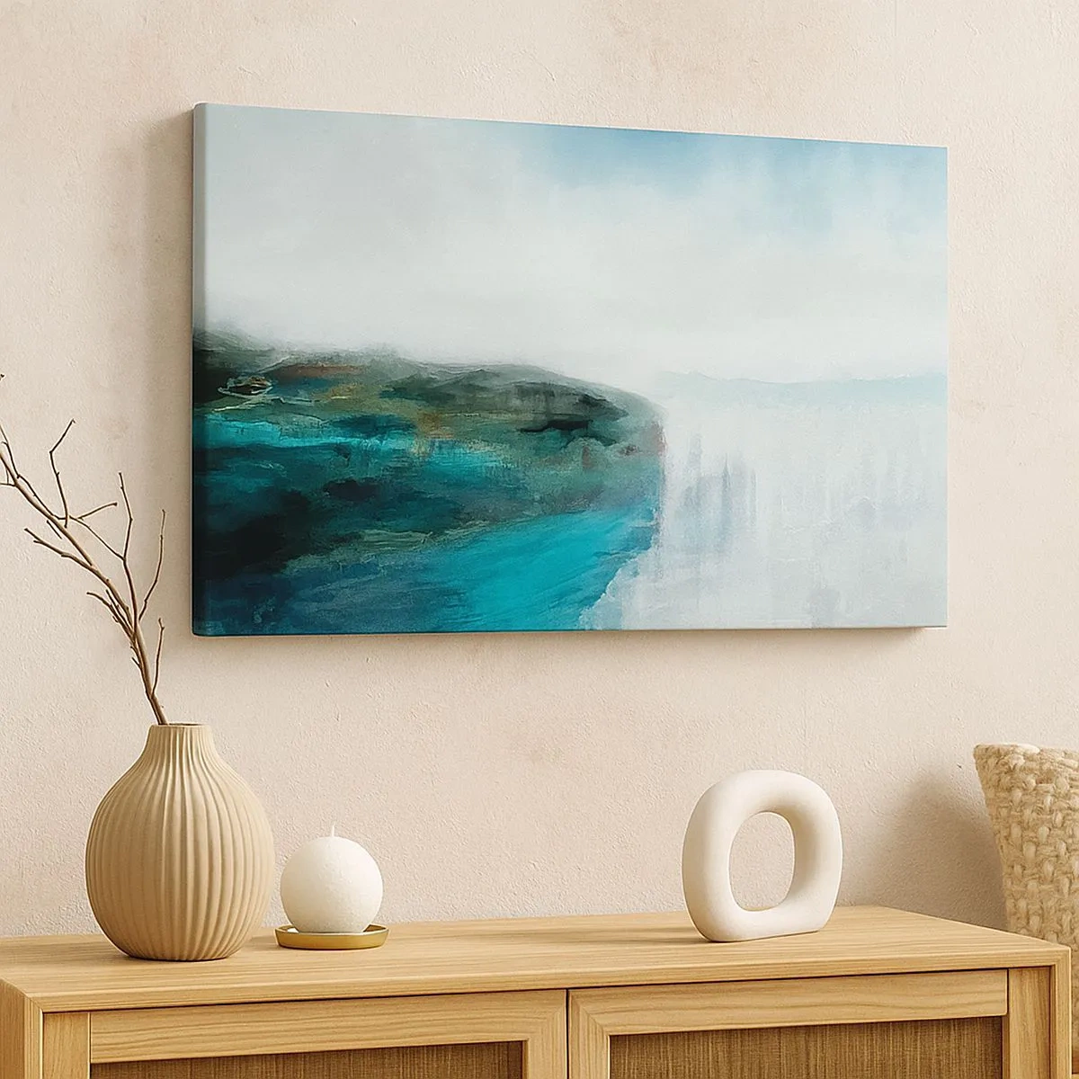 Canvas picture - Abstract landscape in shades of turquoise and gray - 70x50cm - Marine Abstract - Modern wall decoration for the living room and bedroom ARTTOR
