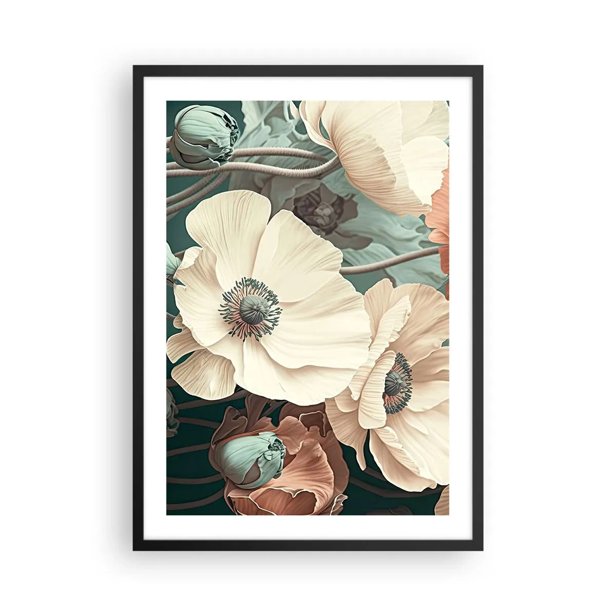 Poster in black frame - Delicate flowers in pastel shades on a dark background - 50x70cm - Whisper of the Poppies - Modern wall decoration for the living room and bedroom ARTTOR