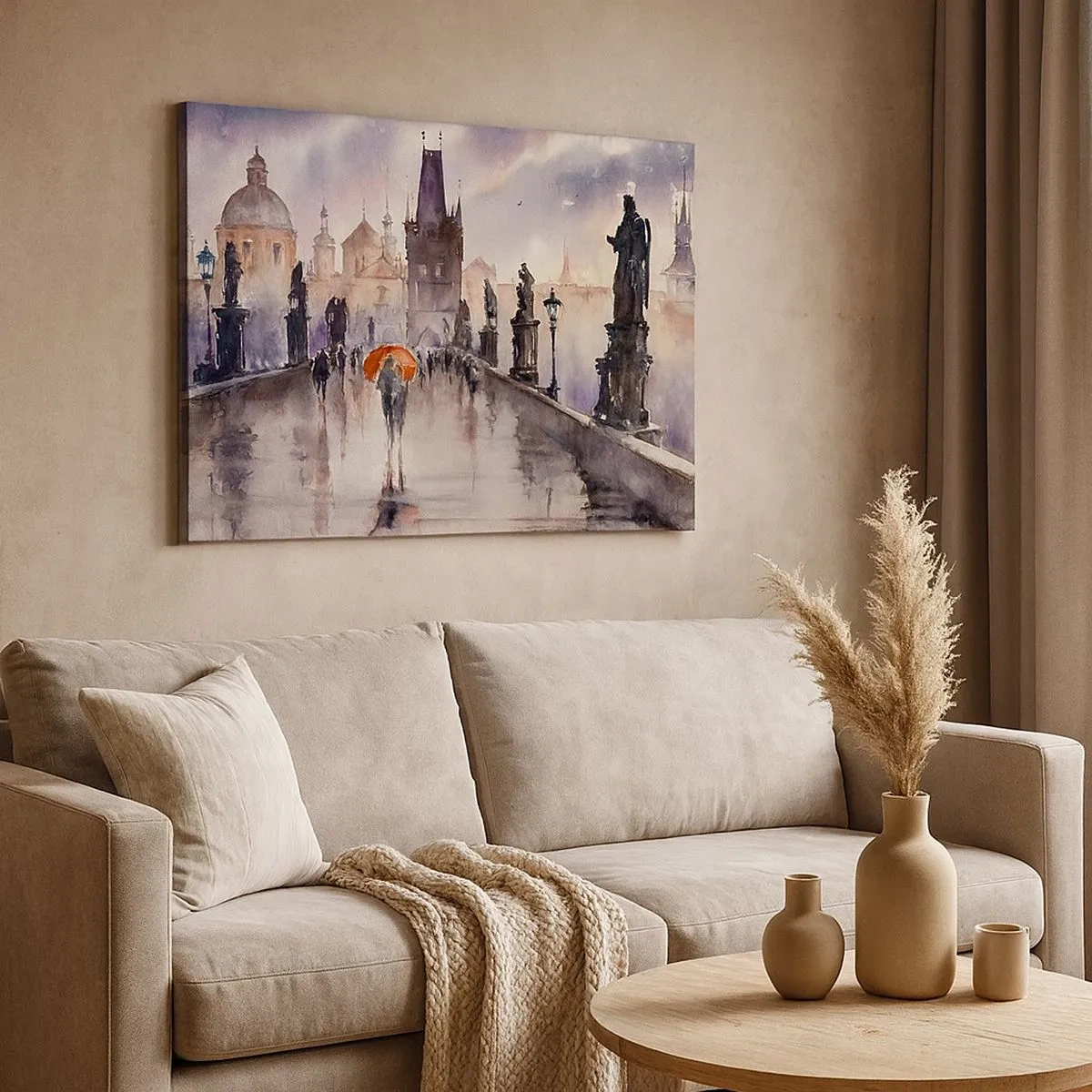 Canvas picture - Romantic view of a bridge with an umbrella against the backdrop of an evening city - 70x50cm - Peaople Don't Change - Modern wall decoration for the living room and bedroom ARTTOR