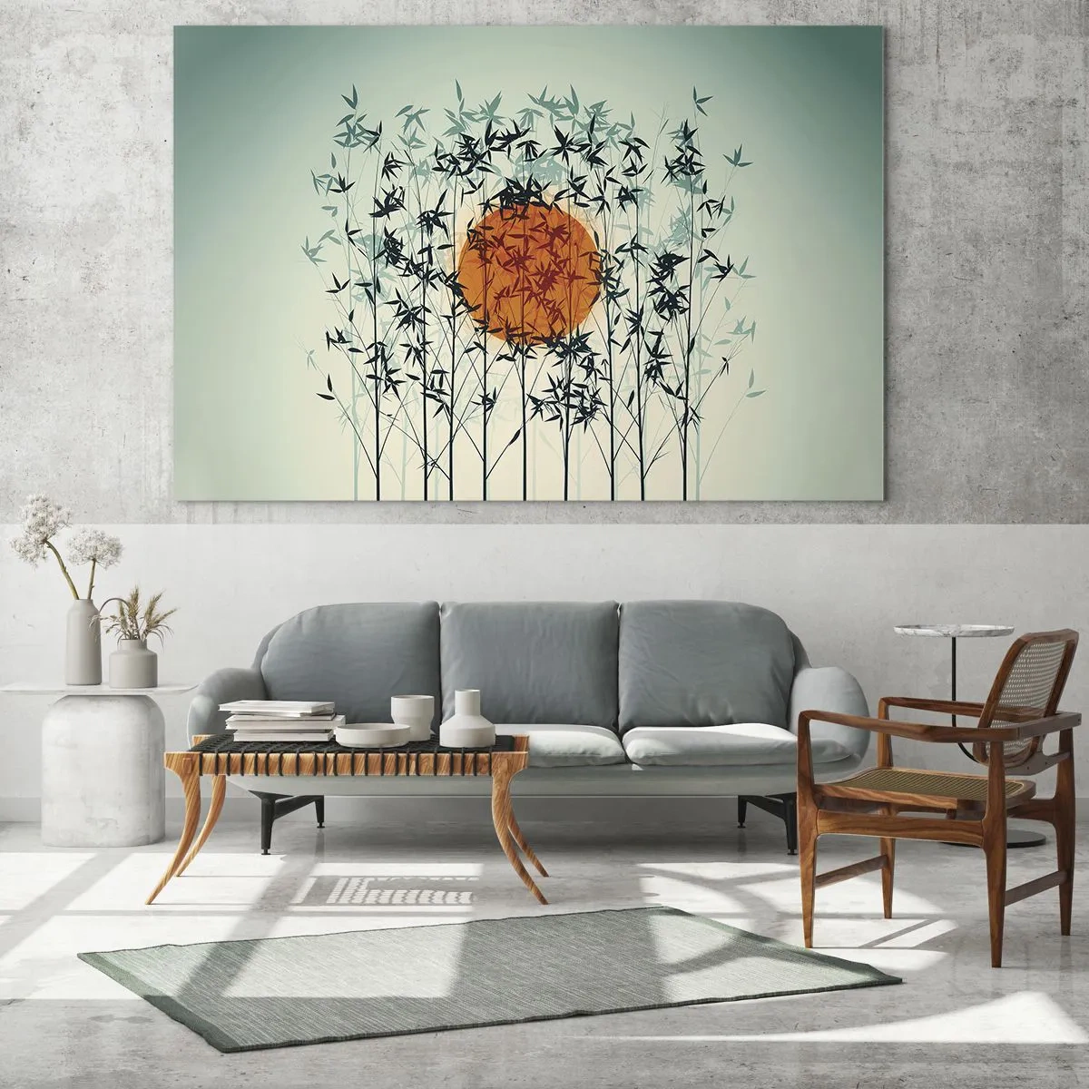 Glass picture - Red sun among delicate bamboo leaves - 70x50cm - Japanese Sun - Modern wall decoration for the living room and bedroom ARTTOR