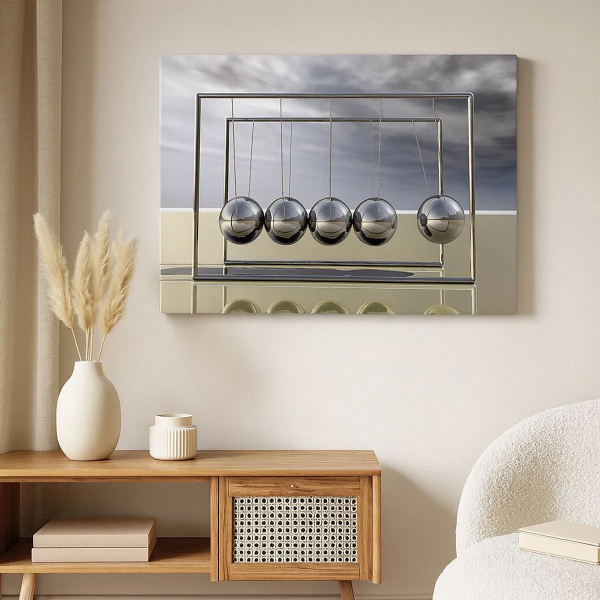 Canvas picture - Newton's spheres in a minimalist setting with light reflections - 70x50cm - Energy of the Light - Modern wall decoration for the living room and bedroom ARTTOR