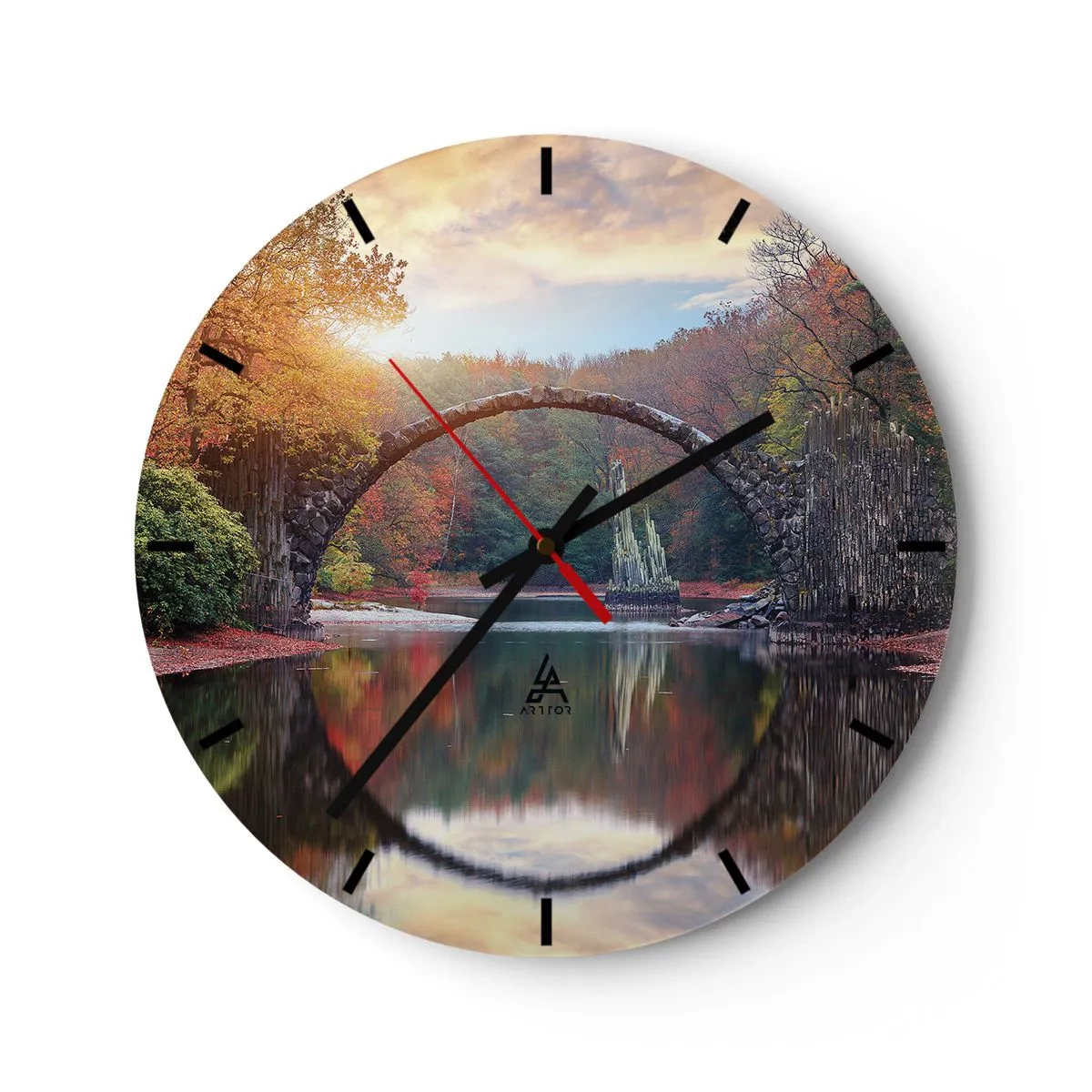 Wall clock - Clock on glass - A stone arch bridge reflecting in the water creates a circle - 30x30cm - On the Other Side of a Mirror - Modern wall decoration for the living room, kitchen, and bedroom ARTTOR