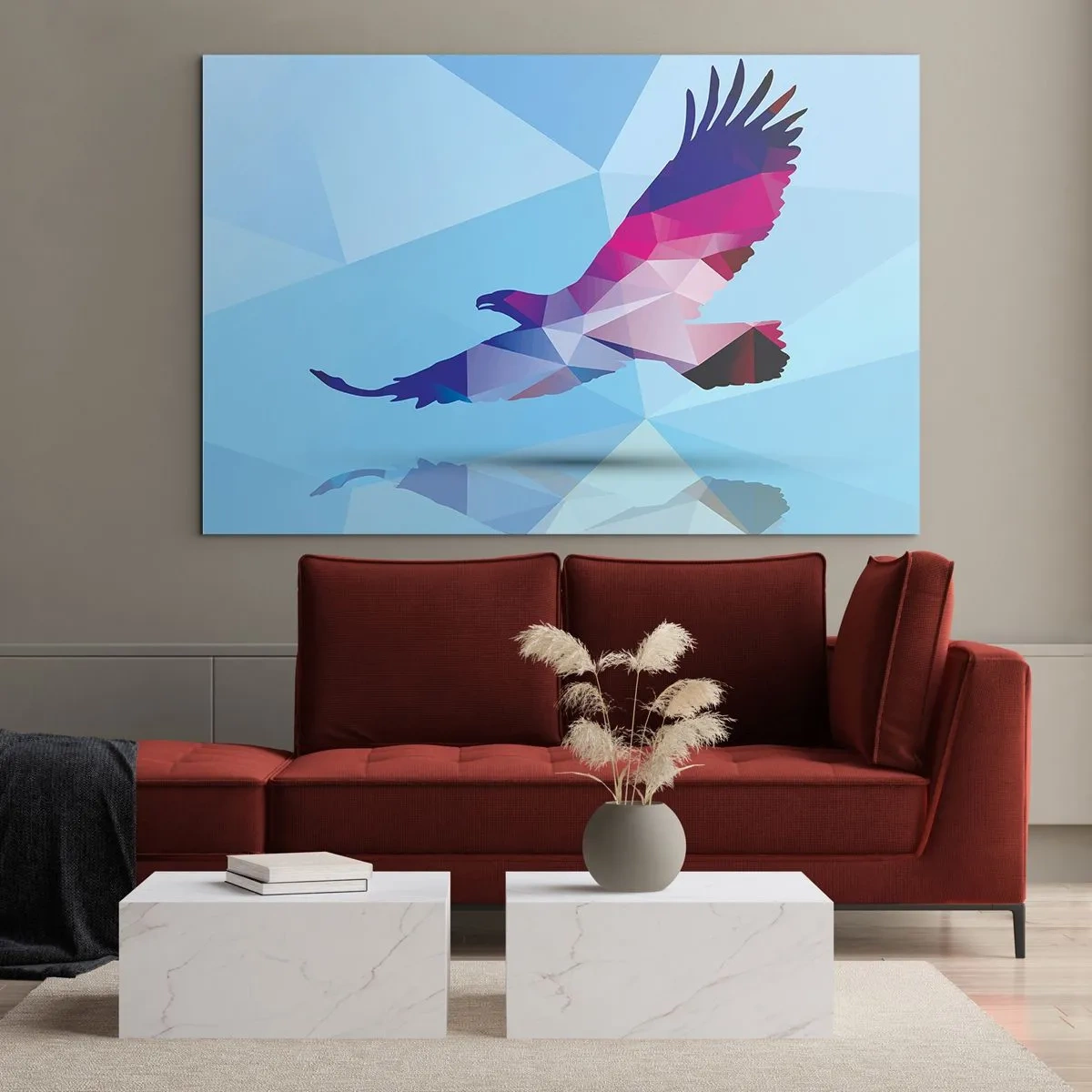 Glass picture - Geometric eagle on a blue background - 70x50cm - Eagle in a Lilac Crystal - Modern wall decoration for the living room and bedroom ARTTOR