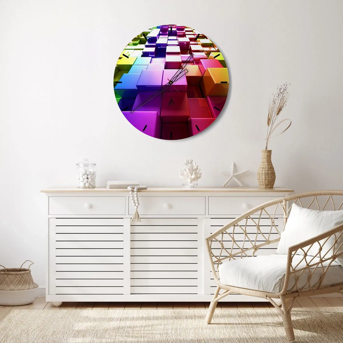 Wall clock - Clock on glass - Colorful cubes in a geometric composition - 30x30cm - Optical Harmony - Modern wall decoration for the living room, kitchen, and bedroom ARTTOR