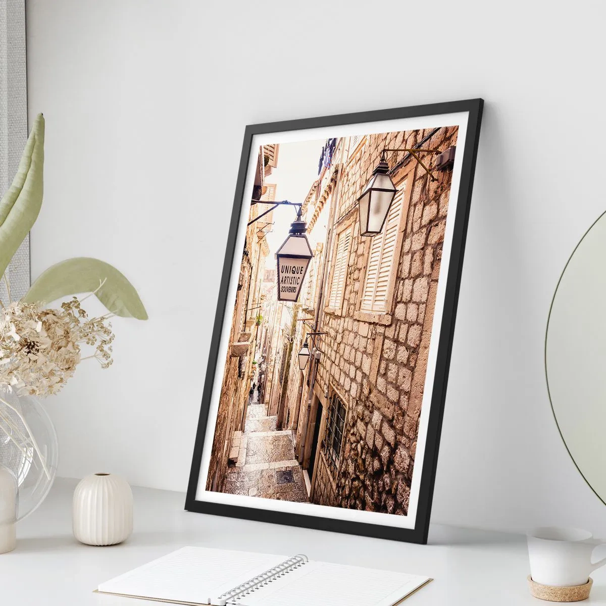 Poster in black frame - A charming stone street with lanterns and stairs - 50x70cm - Charming Alley - Modern wall decoration for the living room and bedroom ARTTOR