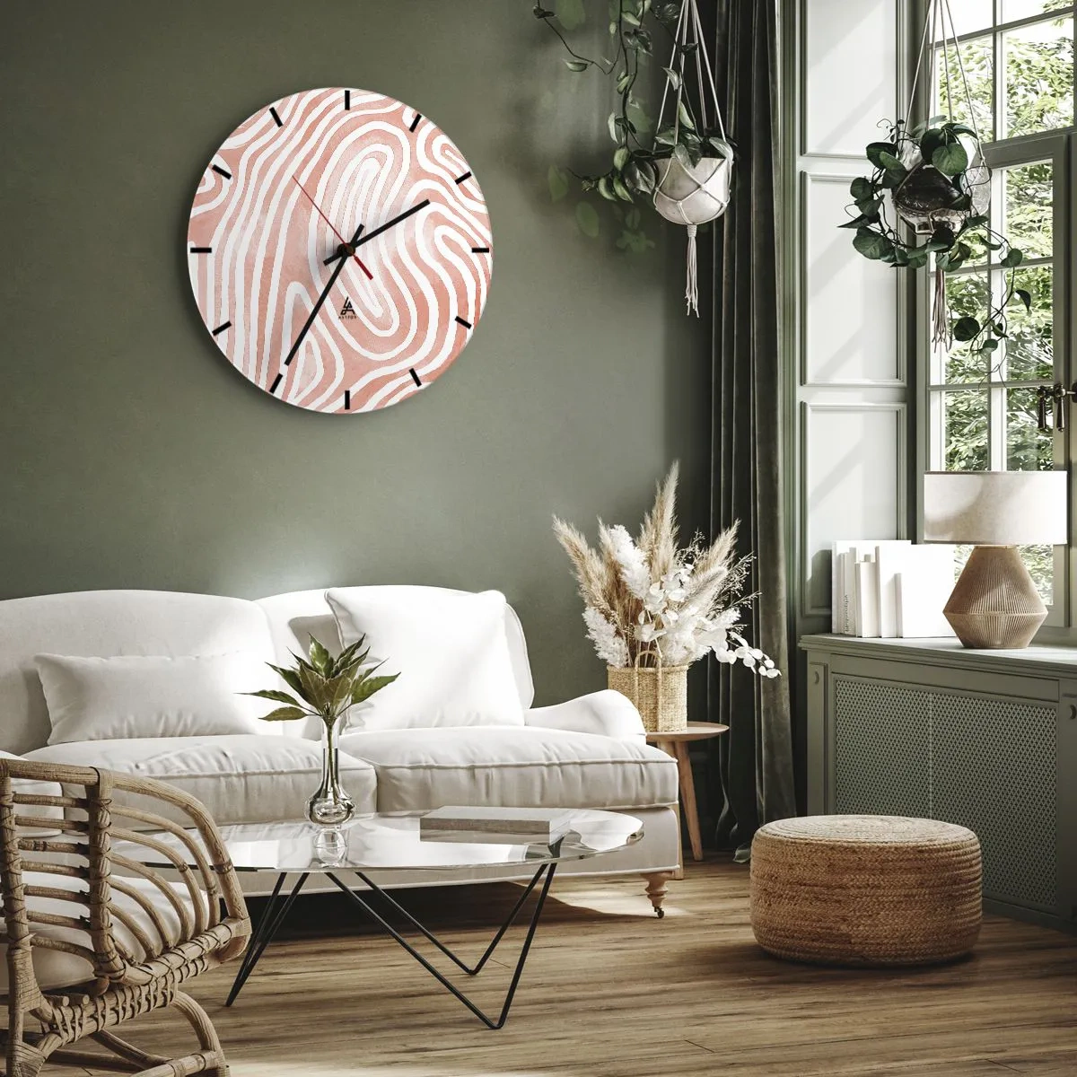 Wall clock - Clock on glass - Abstract pattern resembling fingerprints in pink - 30x30cm - In a Coral Maze - Modern wall decoration for the living room, kitchen, and bedroom ARTTOR
