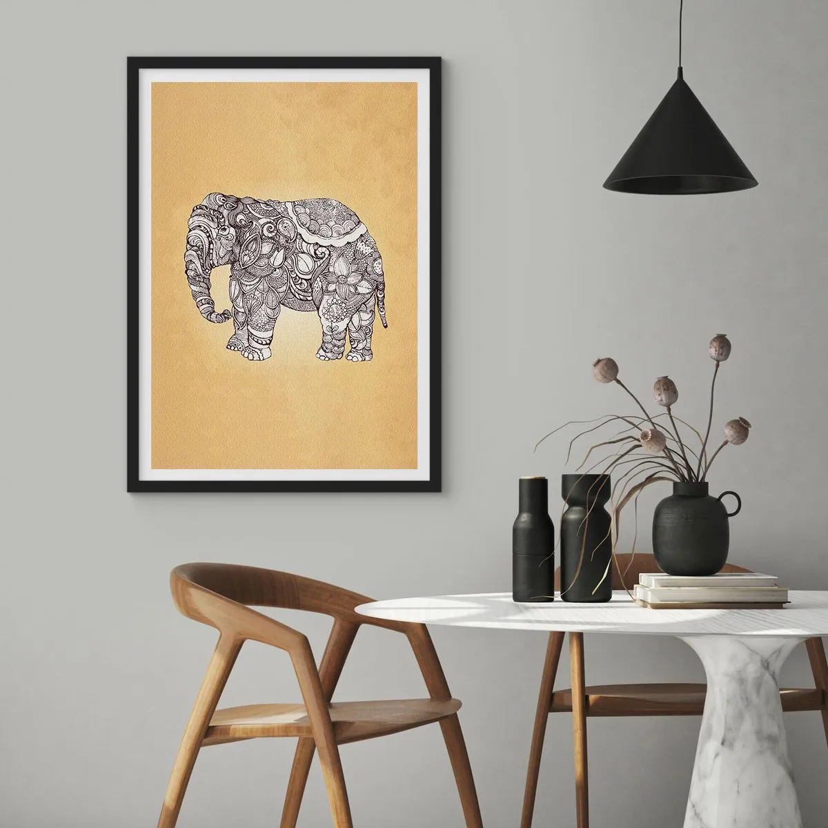 Poster in black frame - Decorative illustration of an elephant with intricate ornaments on a gold background - 50x70cm - Hidden Elephant - Modern wall decoration for the living room and bedroom ARTTOR
