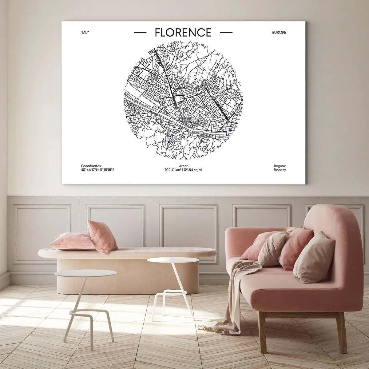 Glass picture - Florence in the form of a stylized map with a network of streets - 70x50cm - Anatomy of Florence - Modern wall decoration for the living room and bedroom ARTTOR