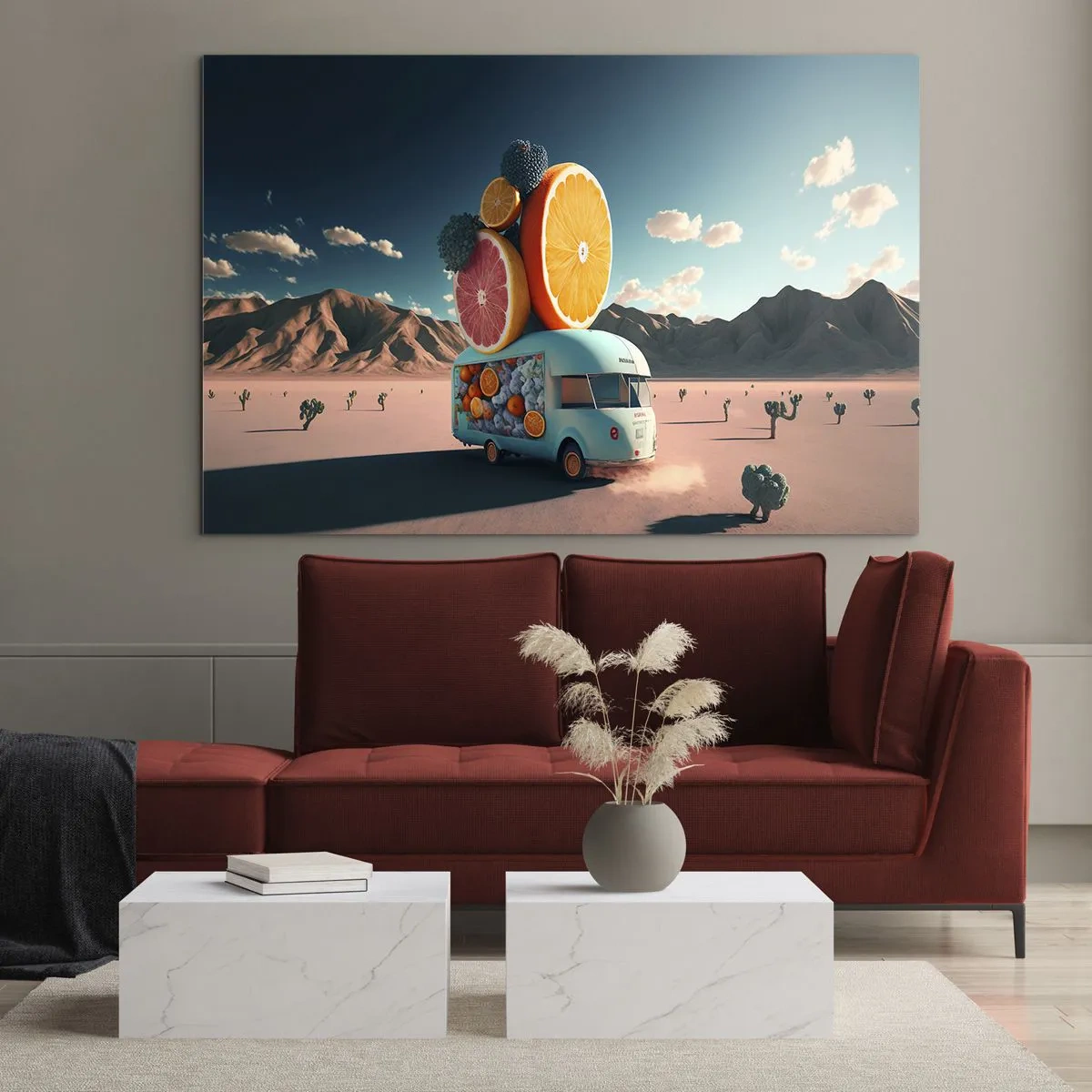 Glass picture - A turquoise camper with fruit against a desert landscape - 70x50cm - Taste of Holidays - Modern wall decoration for the living room and bedroom ARTTOR