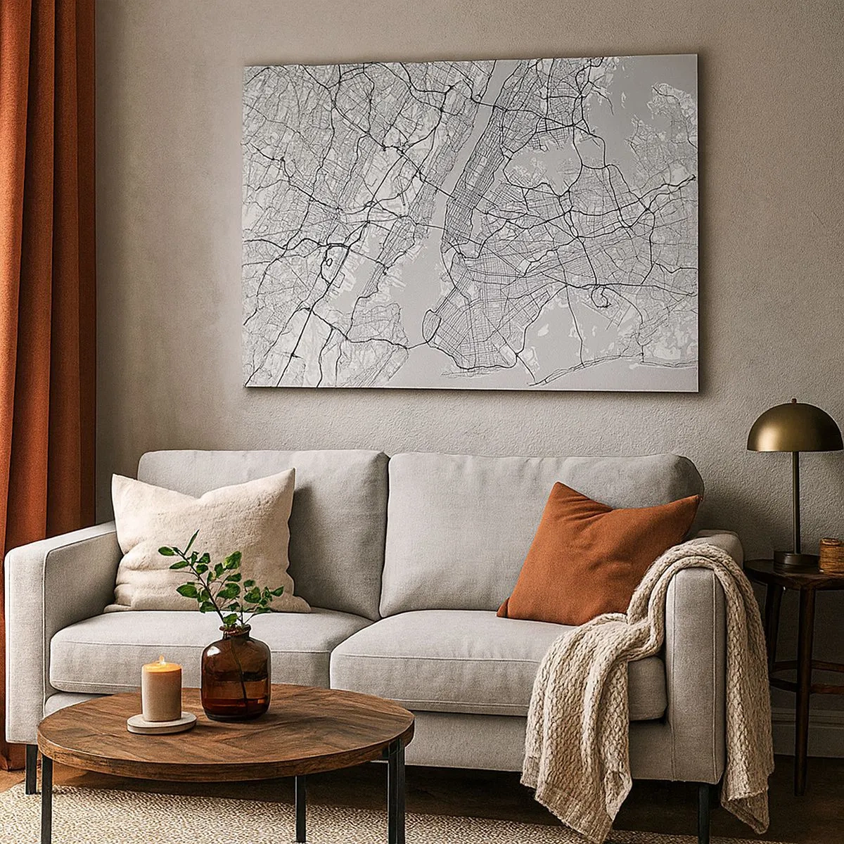 Canvas picture - A city map in a minimalist style on a gray background - 70x50cm - Anatomy of Metropolis - Modern wall decoration for the living room and bedroom ARTTOR