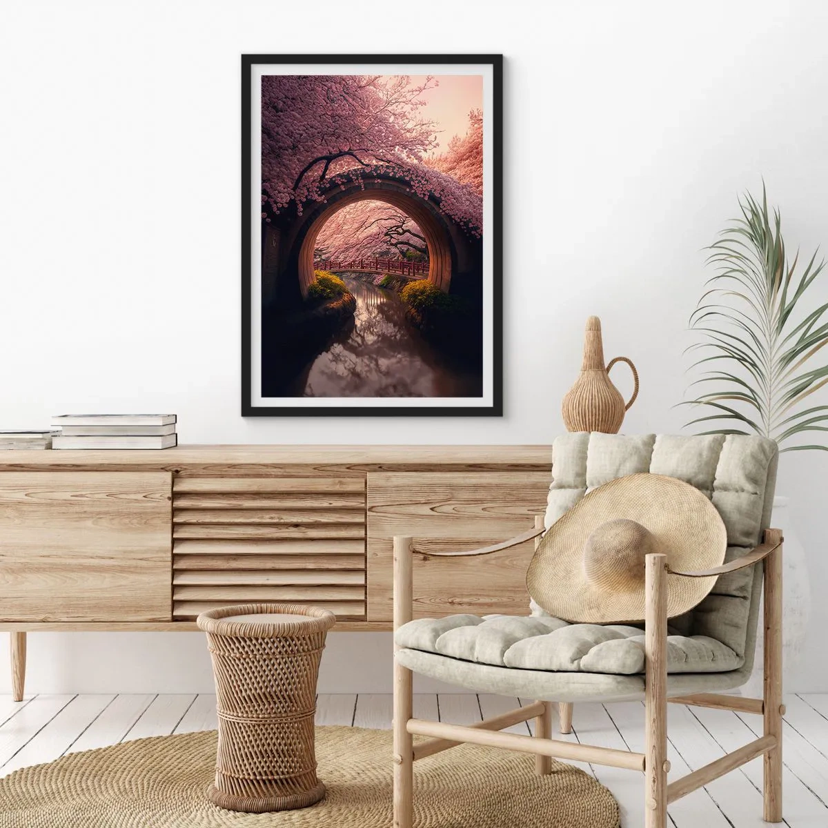 Poster in black frame - A romantic bridge among cherry blossoms - 50x70cm - Japanese Spring - Modern wall decoration for the living room and bedroom ARTTOR