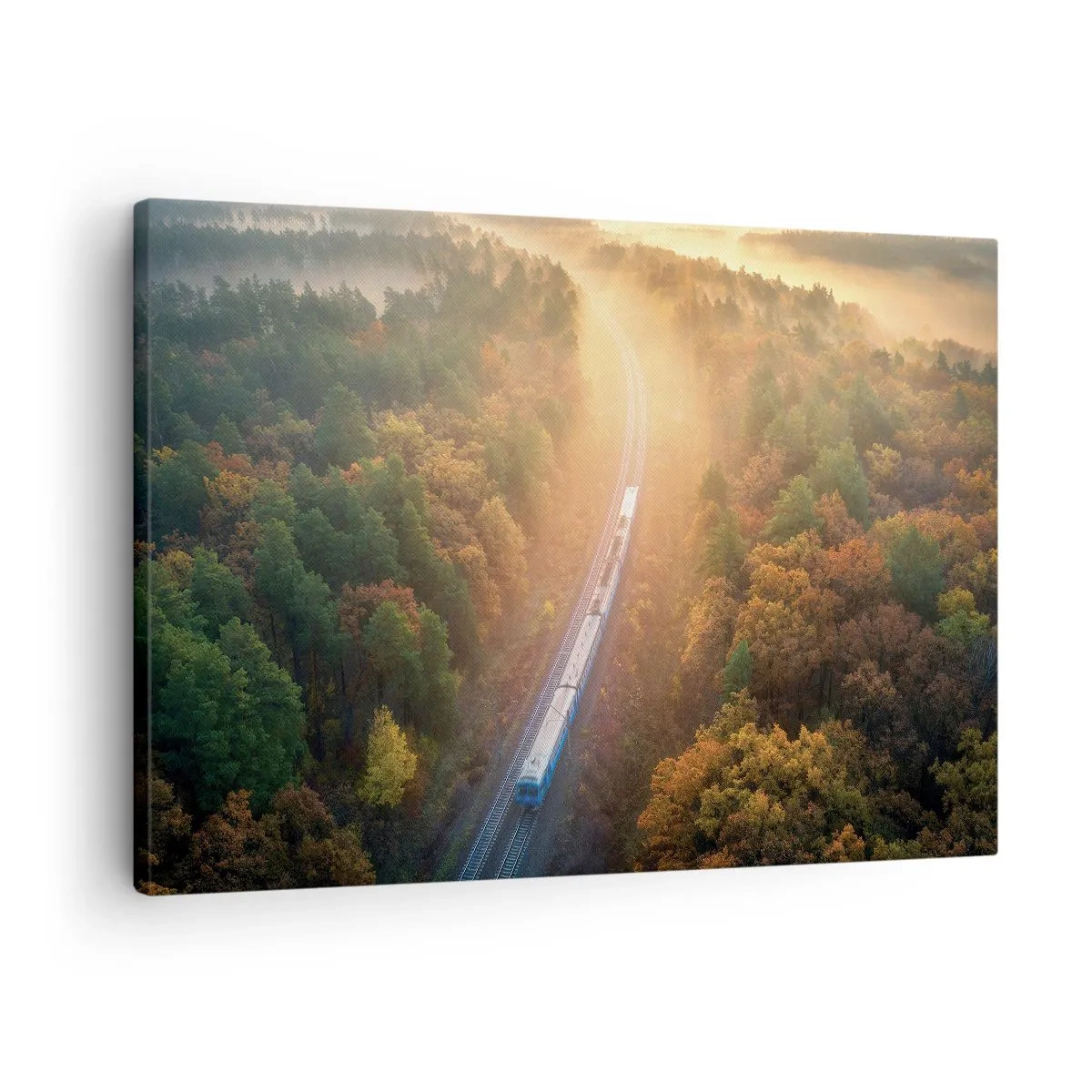 Canvas picture - train in an autumn forest at dawn - 70x50cm - Autumn Trip - Modern wall decoration for the living room and bedroom ARTTOR