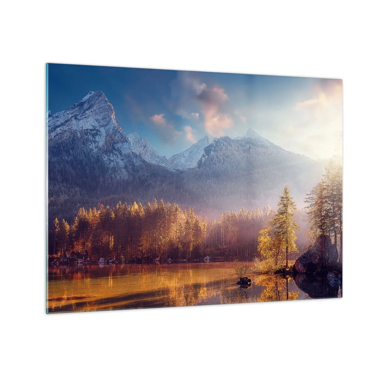 Glass picture - Golden morning light over a mountain lake surrounded by forest - 70x50cm - In the Mountains and Valleys - Modern wall decoration for the living room and bedroom ARTTOR