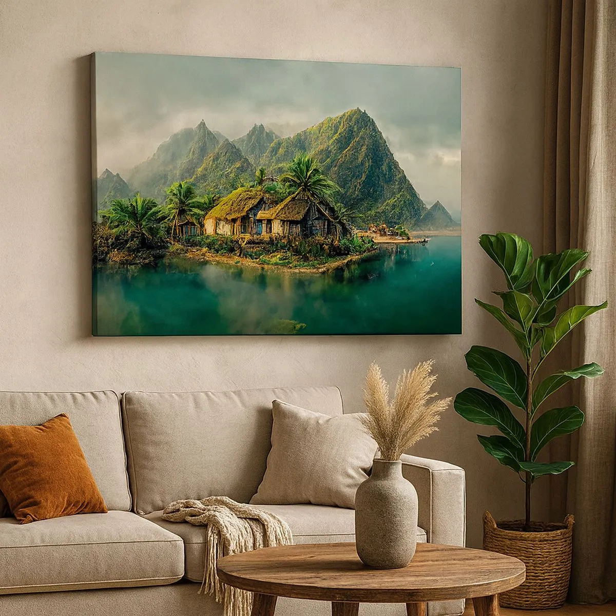 Canvas picture - tropical island with palm trees and mountains in the background - 70x50cm - Tropical Paradise - Modern wall decoration for the living room and bedroom ARTTOR