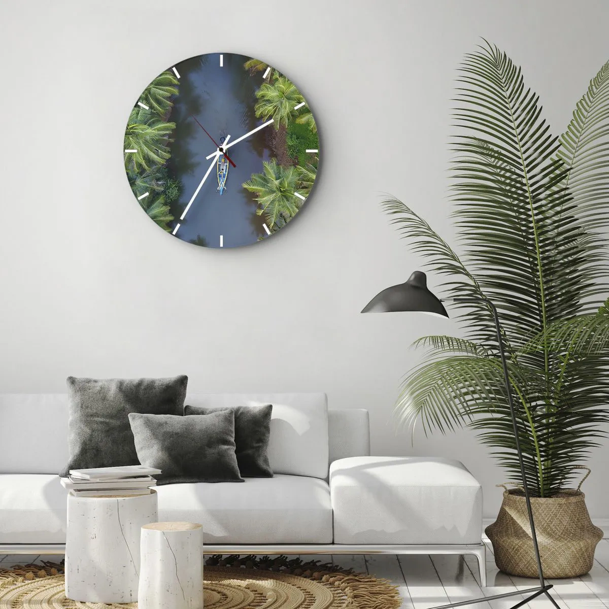 Wall clock - Clock on glass - A boat on a tropical river among palm trees, seen from a bird's eye view. - 30x30cm - On Tropical Trail - Modern wall decoration for the living room, kitchen, and bedroom ARTTOR