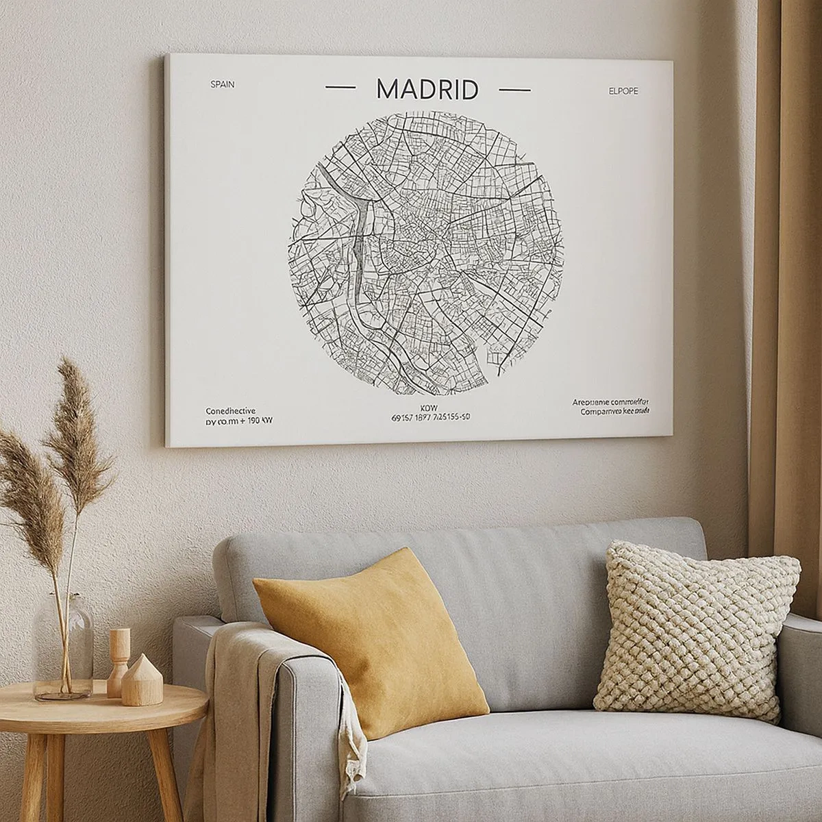 Canvas picture - Map of Madrid in a minimalist black and white style - 70x50cm - Anatomy of Madrid - Modern wall decoration for the living room and bedroom ARTTOR