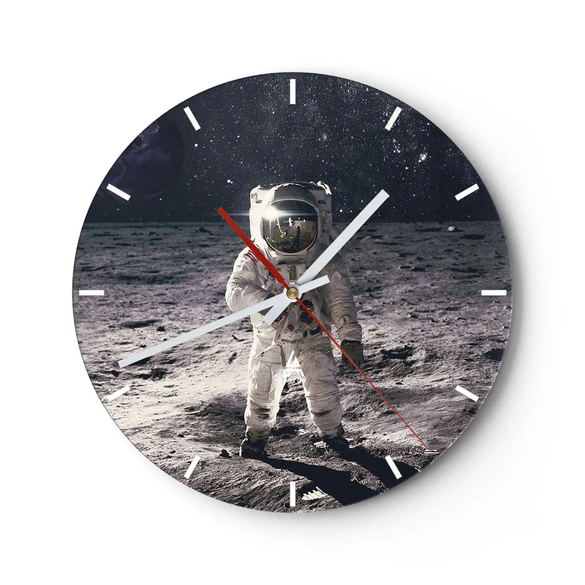Wall clock - Clock on glass - Astronaut on the lunar surface - 30x30cm - Greetings from the Moon - Modern wall decoration for the living room, kitchen, and bedroom ARTTOR