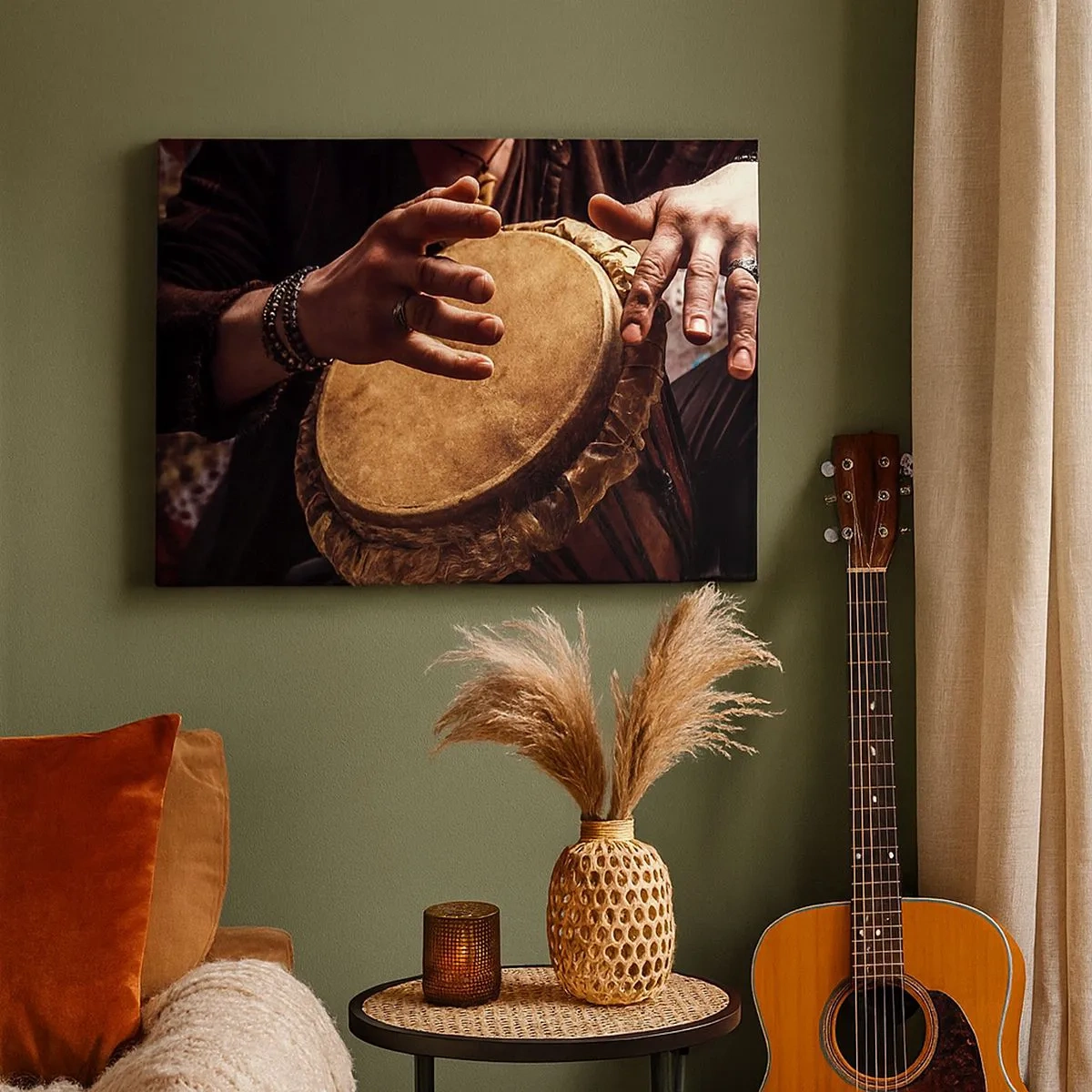 Canvas picture - Hands playing a traditional djembe drum - 70x50cm - In the Rhythm of the Heart - Modern wall decoration for the living room and bedroom ARTTOR
