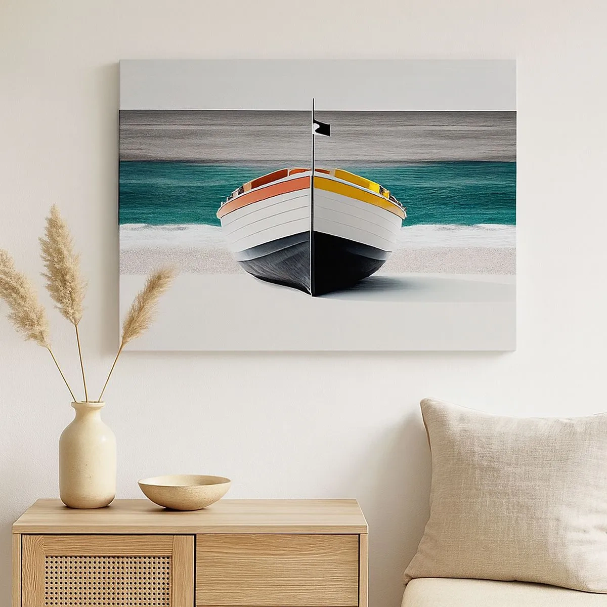 Canvas picture - A boat on the beach with a turquoise sea in the background - 70x50cm - In Its Place - Modern wall decoration for the living room and bedroom ARTTOR