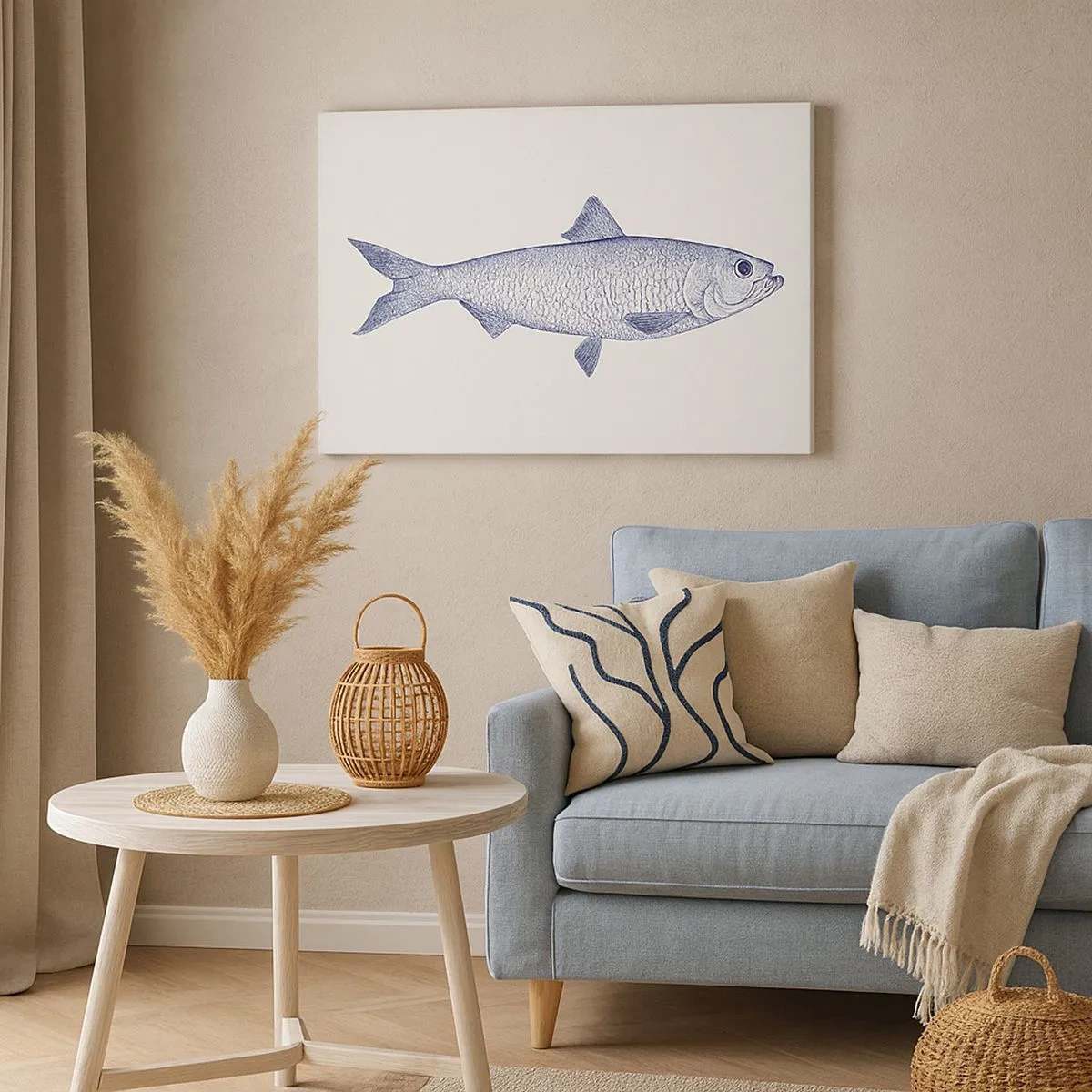 Canvas picture - Illustration of a fish in shades of blue on a light background - 70x50cm - Greetings From Northern Seas - Modern wall decoration for the living room and bedroom ARTTOR
