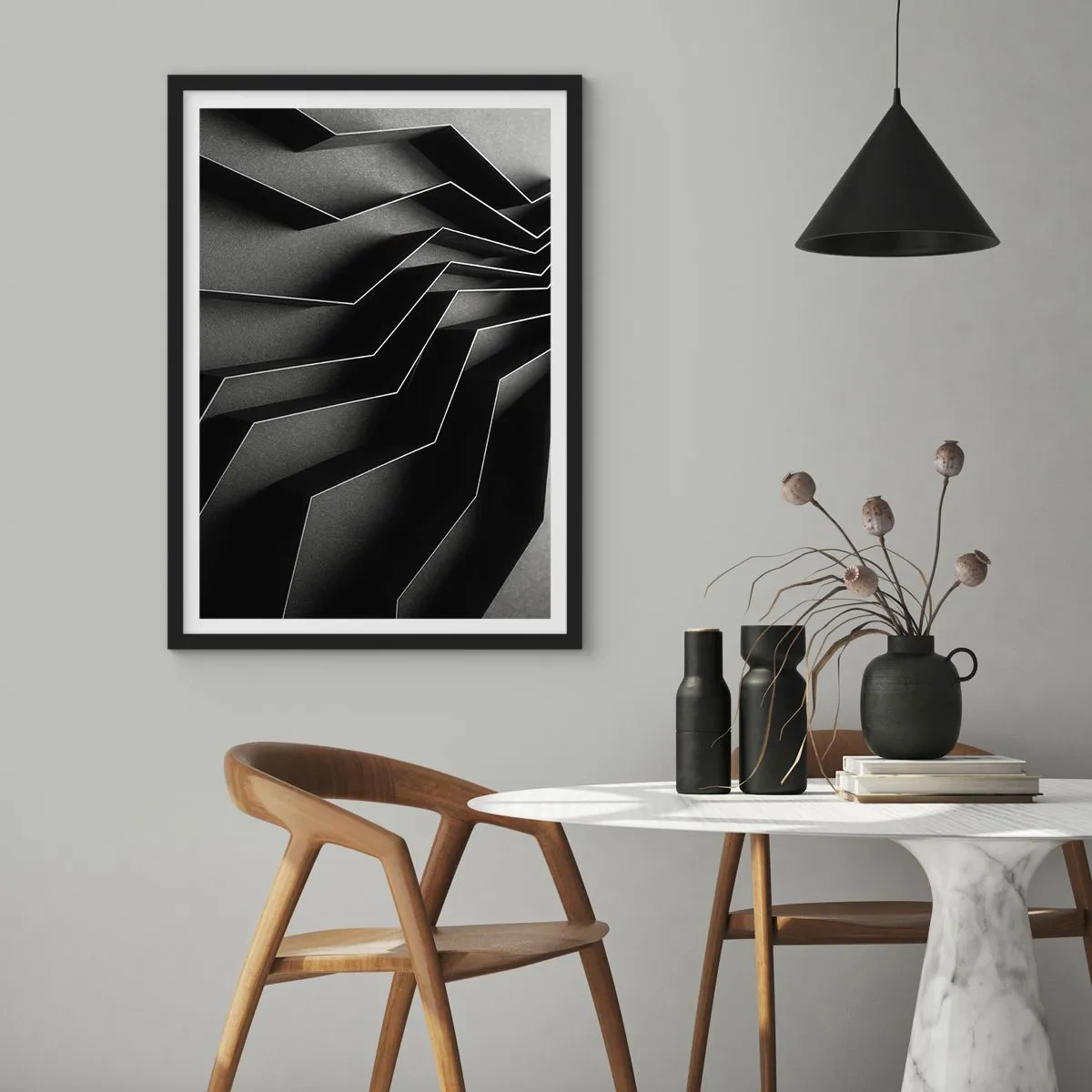 Poster in black frame - A black and white composition of geometric, spatial structures - 50x70cm - Spacial Order - Modern wall decoration for the living room and bedroom ARTTOR