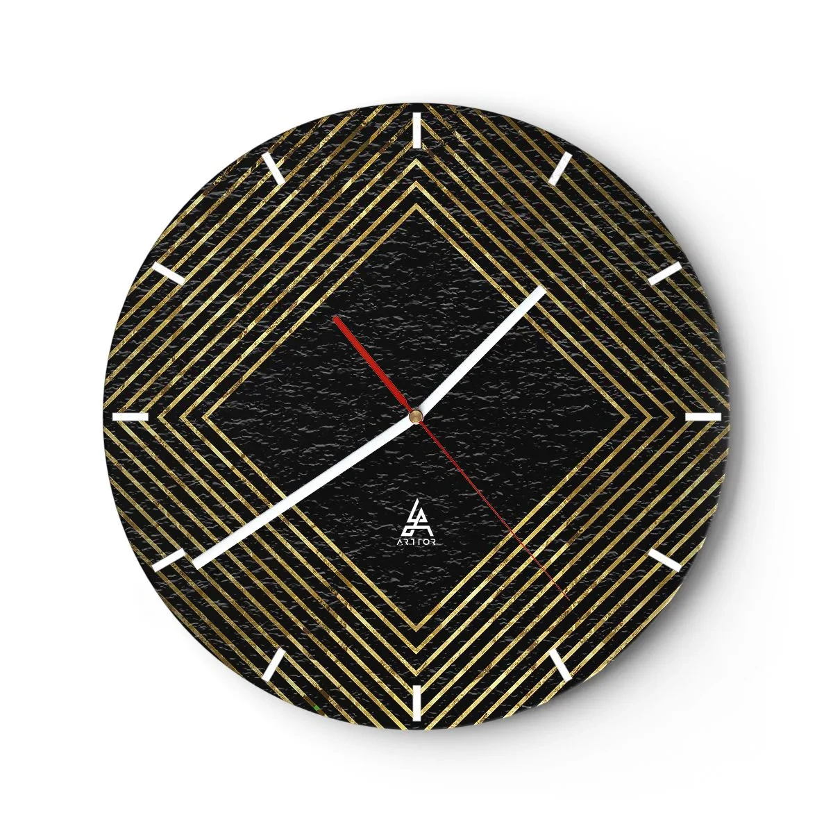 Wall clock - Clock on glass - Golden lines forming a rhombus on a black background - 30x30cm - Geometry Glamour Style - Modern wall decoration for the living room, kitchen, and bedroom ARTTOR
