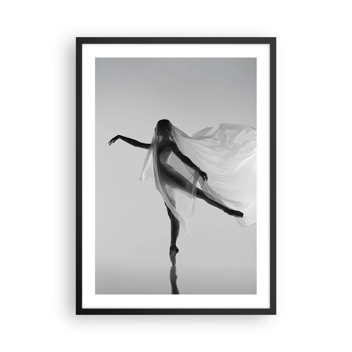 Poster in black frame - A dancer in an airy veil in a black and white composition - 50x70cm - Lightness and Grace - Modern wall decoration for the living room and bedroom ARTTOR