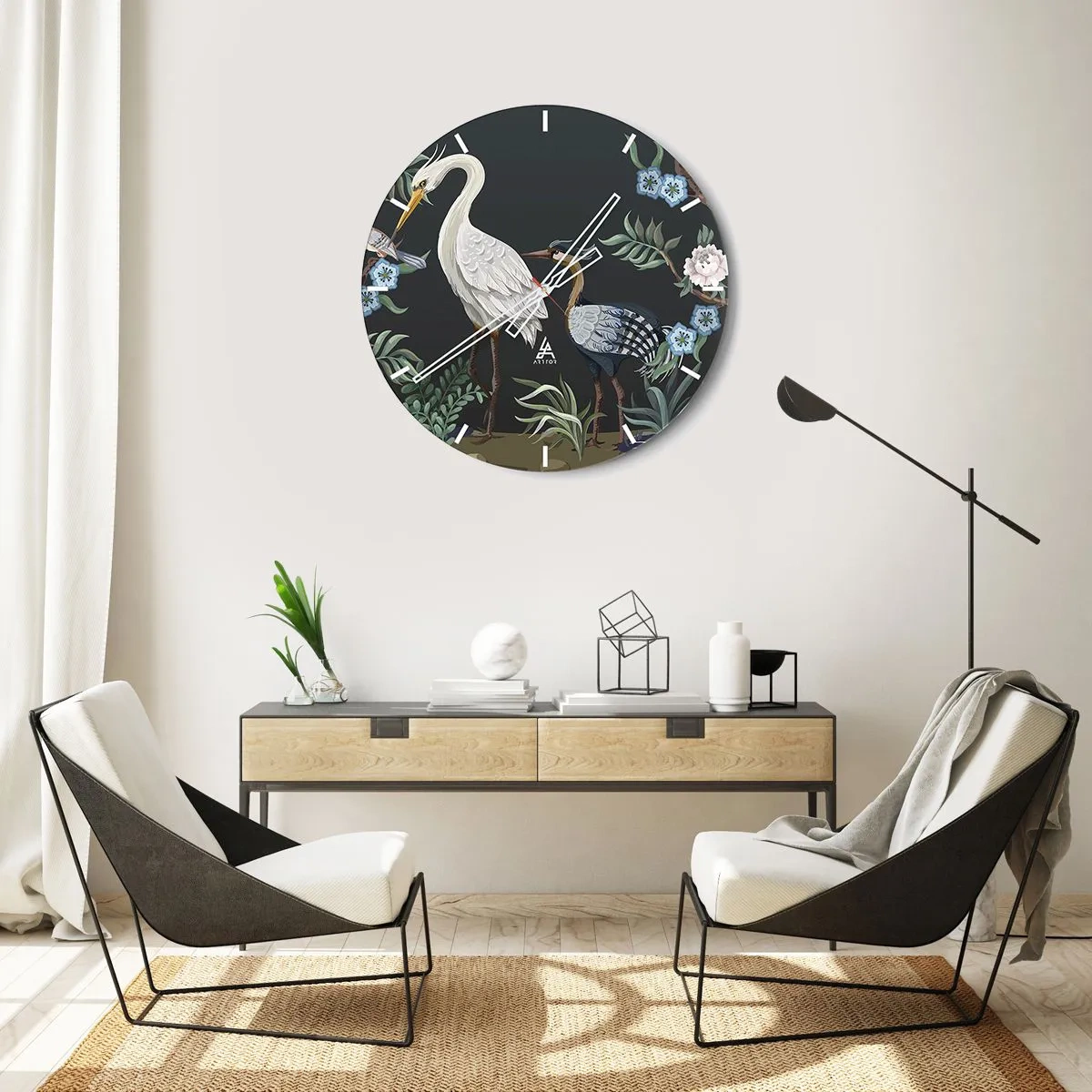 Wall clock - Clock on glass - Decorative birds among plants on a dark background - 30x30cm - Bird Truth - Modern wall decoration for the living room, kitchen, and bedroom ARTTOR