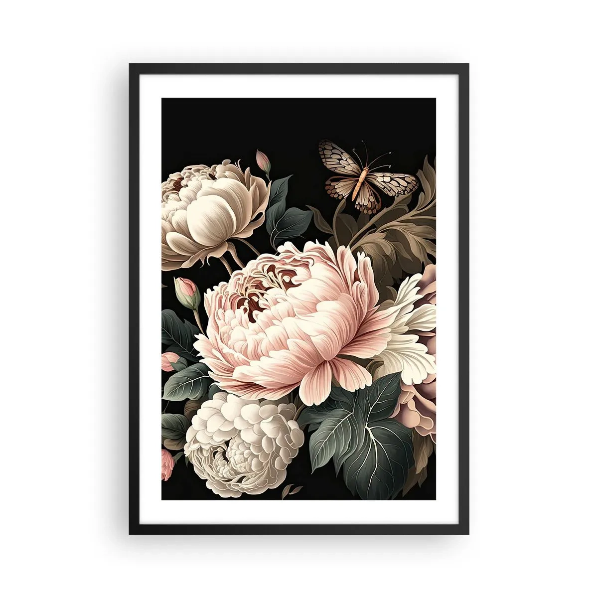 Poster in black frame - Elegant peonies and a butterfly on a black background - 50x70cm - Baroque Style - Modern wall decoration for the living room and bedroom ARTTOR