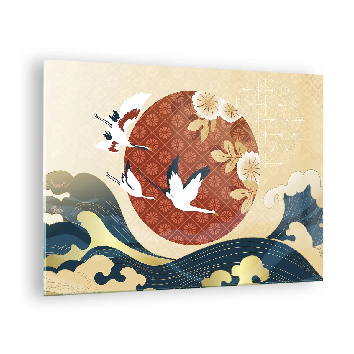 Glass picture - Japanese cranes over the waves against a red circle - 70x50cm - Japanese Tale - Modern wall decoration for the living room and bedroom ARTTOR