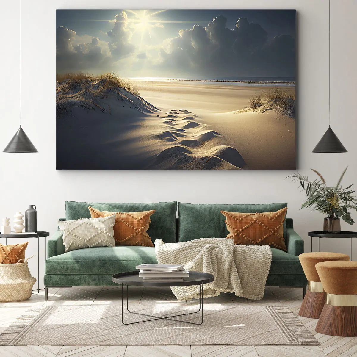 Canvas picture - Golden dunes on the beach at sunset overlooking the sea - 70x50cm - Calming Landscape - Modern wall decoration for the living room and bedroom ARTTOR