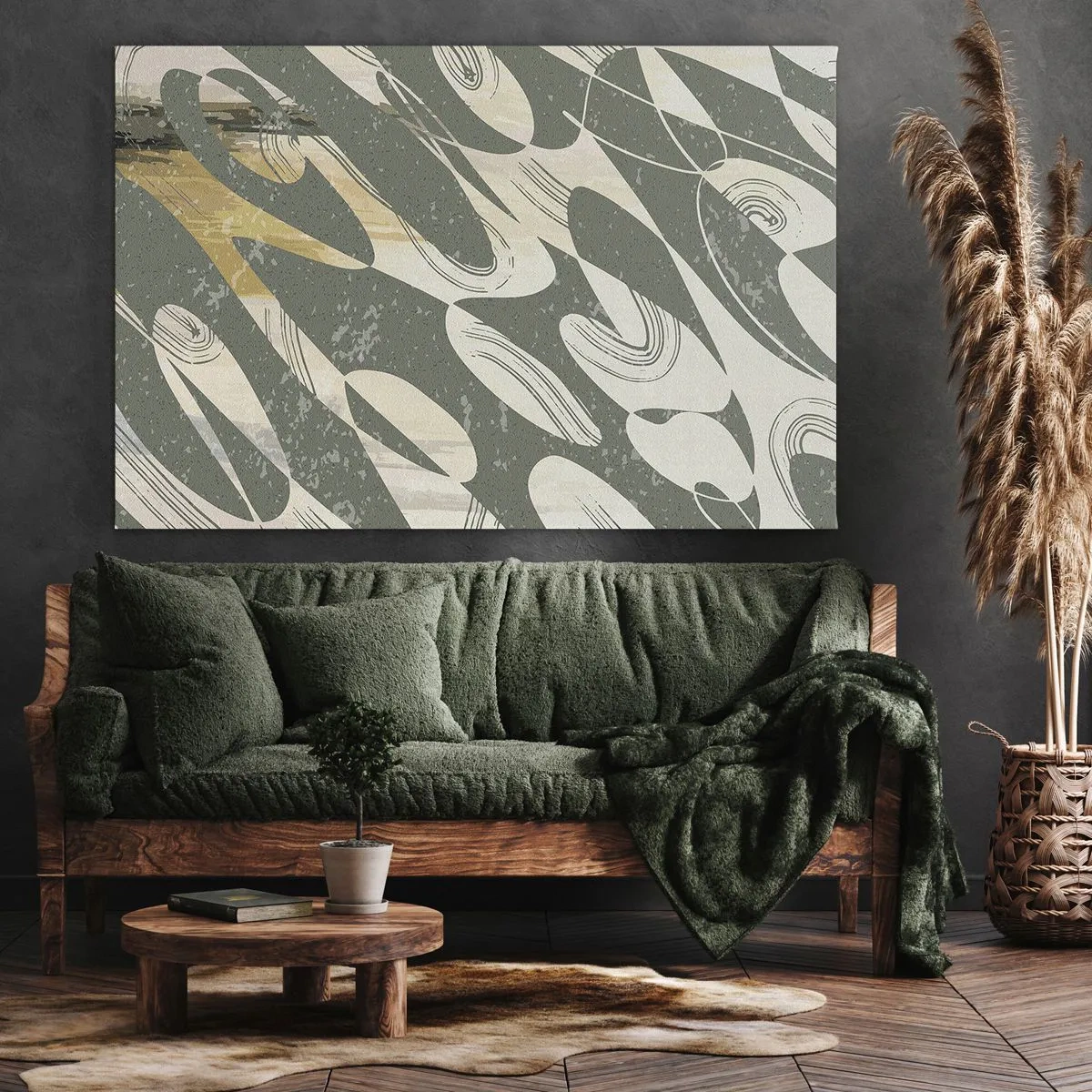 Canvas picture - Dynamic shapes in shades of green and gold - 70x50cm - Rhytmic Abstract - Modern wall decoration for the living room and bedroom ARTTOR