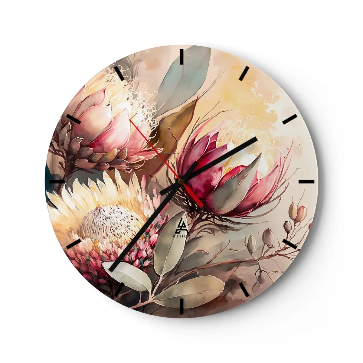 Wall clock - Clock on glass - Artistic protea flowers on a light background - 30x30cm - Profile and En Face - Modern wall decoration for the living room, kitchen, and bedroom ARTTOR
