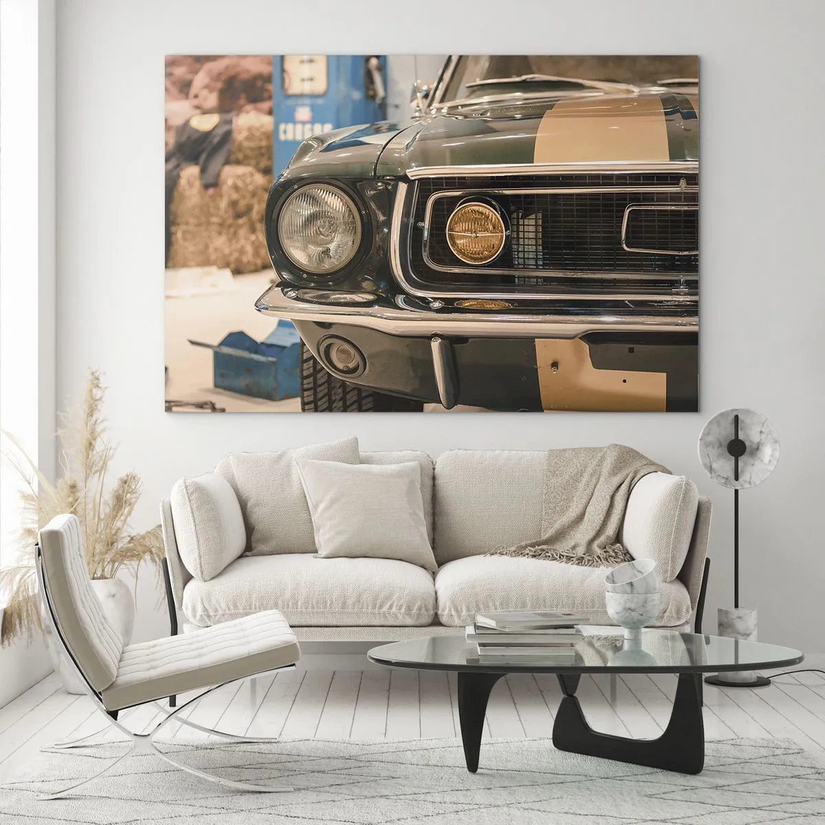 Glass picture - Close-up view of a classic car, Mustang, in a workshop - 70x50cm - Encounter with the Legend - Modern wall decoration for the living room and bedroom ARTTOR