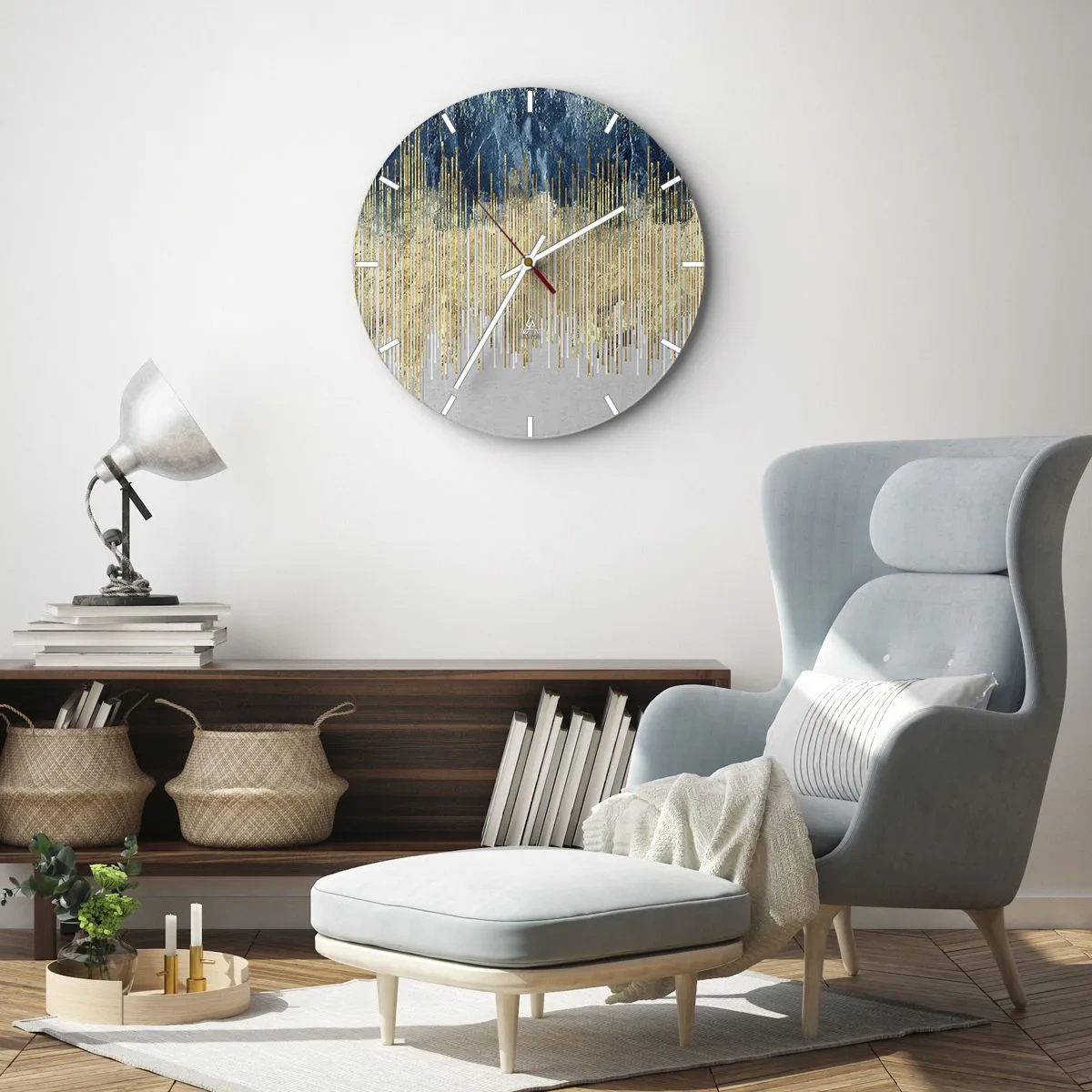 Wall clock - Clock on glass - Gold vertical lines transitioning into navy and gray gradients - 30x30cm - Glided Border - Modern wall decoration for the living room, kitchen, and bedroom ARTTOR