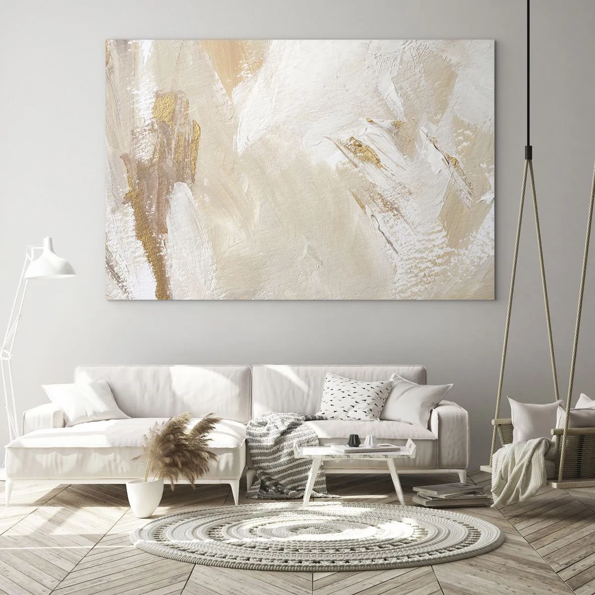 Glass picture - Beige and white abstraction with gold accents - 70x50cm - Pastel Composition - Modern wall decoration for the living room and bedroom ARTTOR