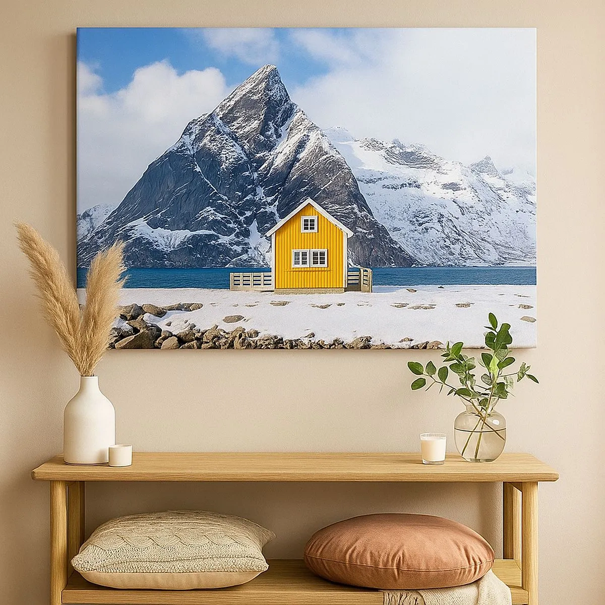 Canvas picture - A yellow house against the backdrop of snow-covered mountains and the sea - 70x50cm - Scandinavian Holiday - Modern wall decoration for the living room and bedroom ARTTOR