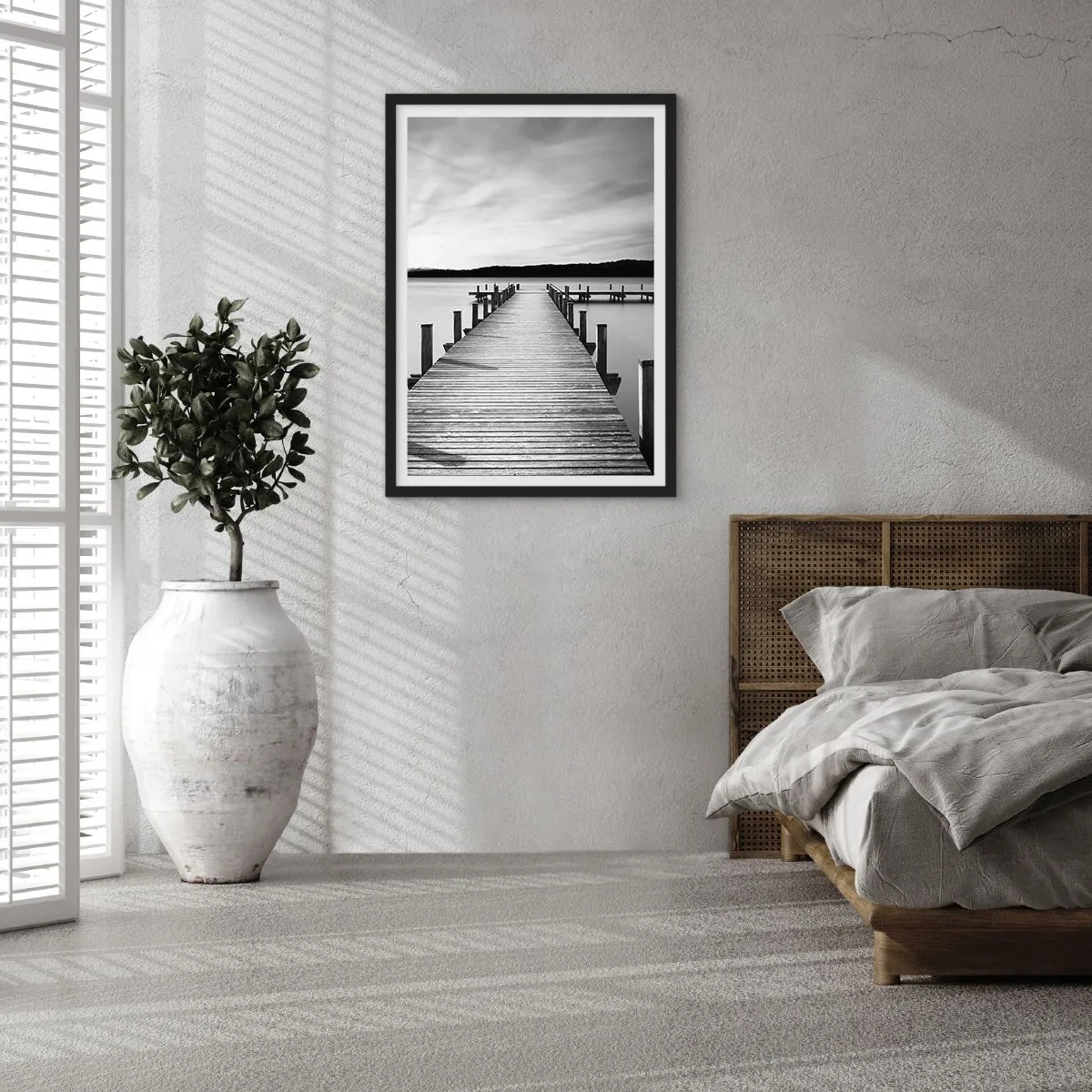 Poster in black frame - Wooden jetty over a calm lake in black and white - 50x70cm - Lake of Peace - Modern wall decoration for the living room and bedroom ARTTOR