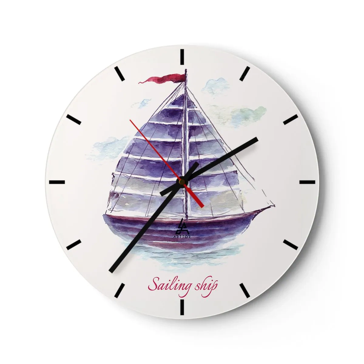 Wall clock - Clock on glass - A purple sailboat with a red mast on a calm sea - 30x30cm - Full Sails And Calm Waters - Modern wall decoration for the living room, kitchen, and bedroom ARTTOR